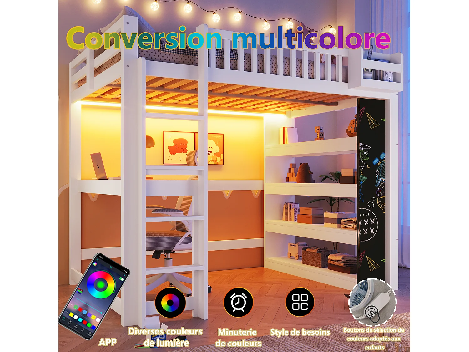 Lit mezzanine enfant - 140 x 200 cm - avec tableau noir + bureau + étagère de rangement + Leds - MDF + pin - blanc