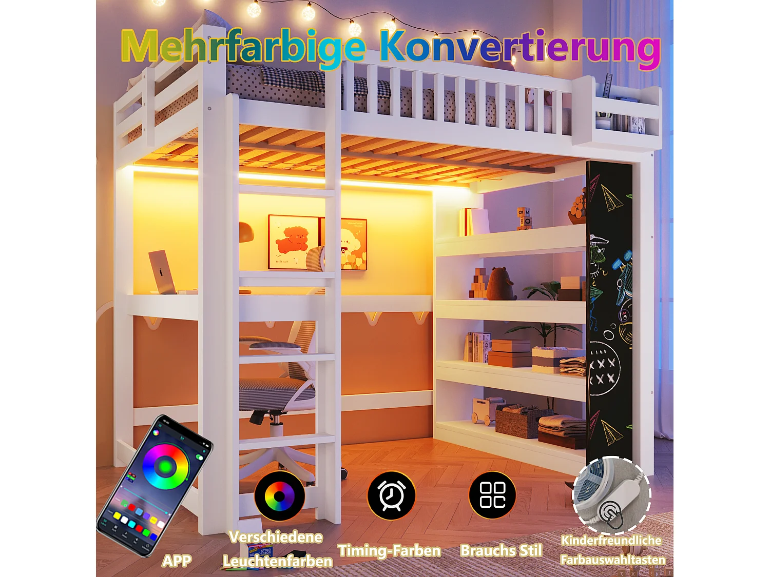 Lit mezzanine enfant - 140 x 200 cm - avec tableau noir + bureau + étagère de rangement + Leds - MDF + pin - blanc
