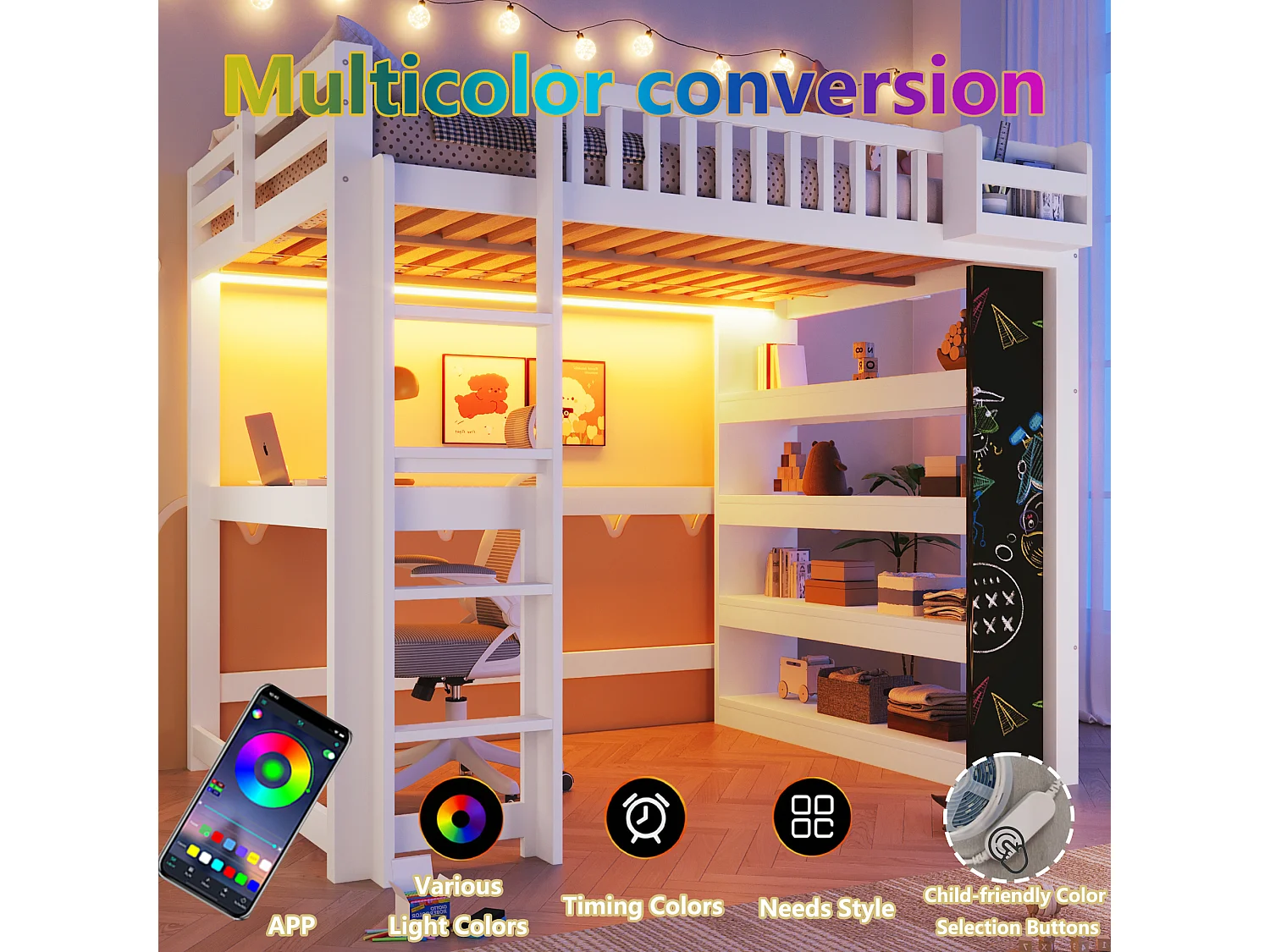 Lit mezzanine enfant - 140 x 200 cm - avec tableau noir + bureau + étagère de rangement + Leds - MDF + pin - blanc