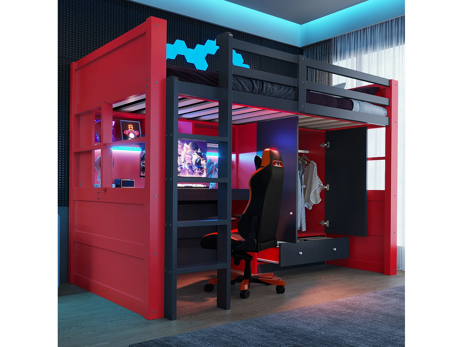 Lit mezzanine enfant - 90 x 200 cm - avec bureau + armoire + tiroirs + étagères - bois - rouge + noir