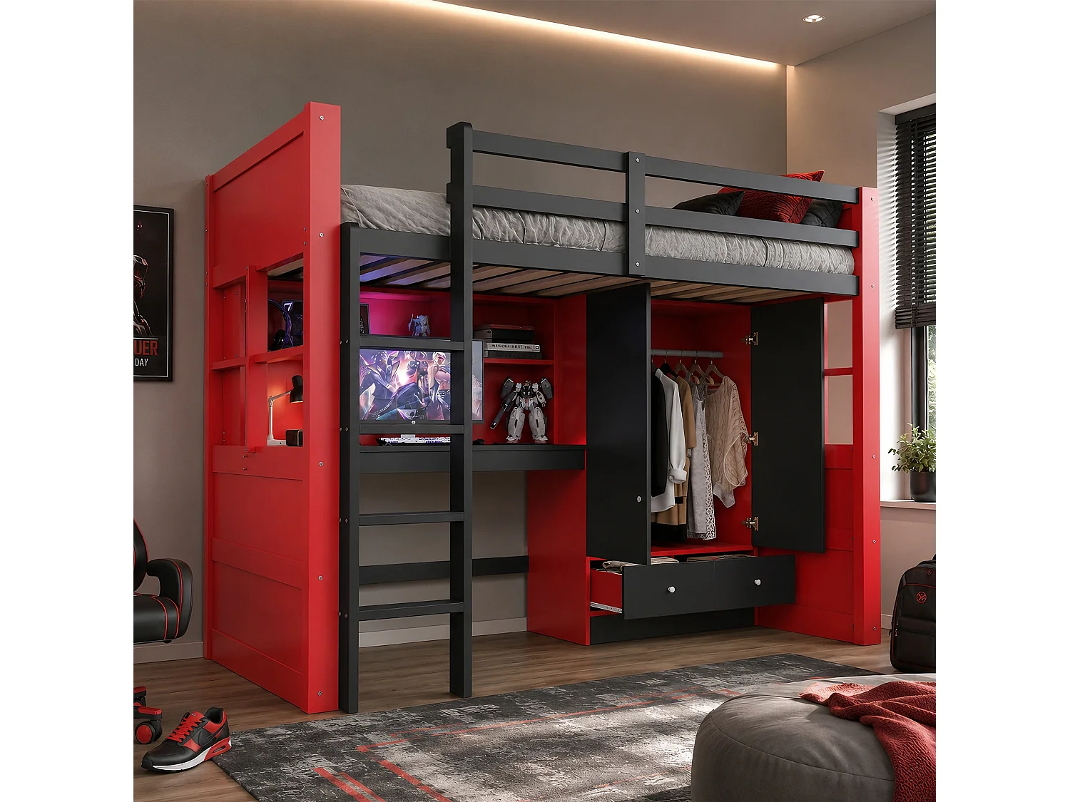 Lit mezzanine enfant - 90 x 200 cm - avec bureau + armoire + tiroirs + étagères - bois - rouge + noir
