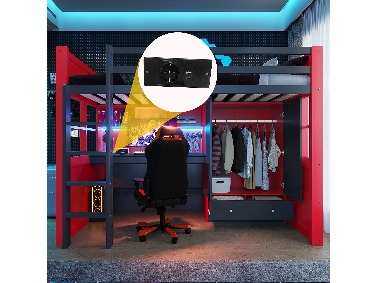 Lit mezzanine enfant - 90 x 200 cm - avec bureau + armoire + tiroirs + étagères - bois - rouge + noir