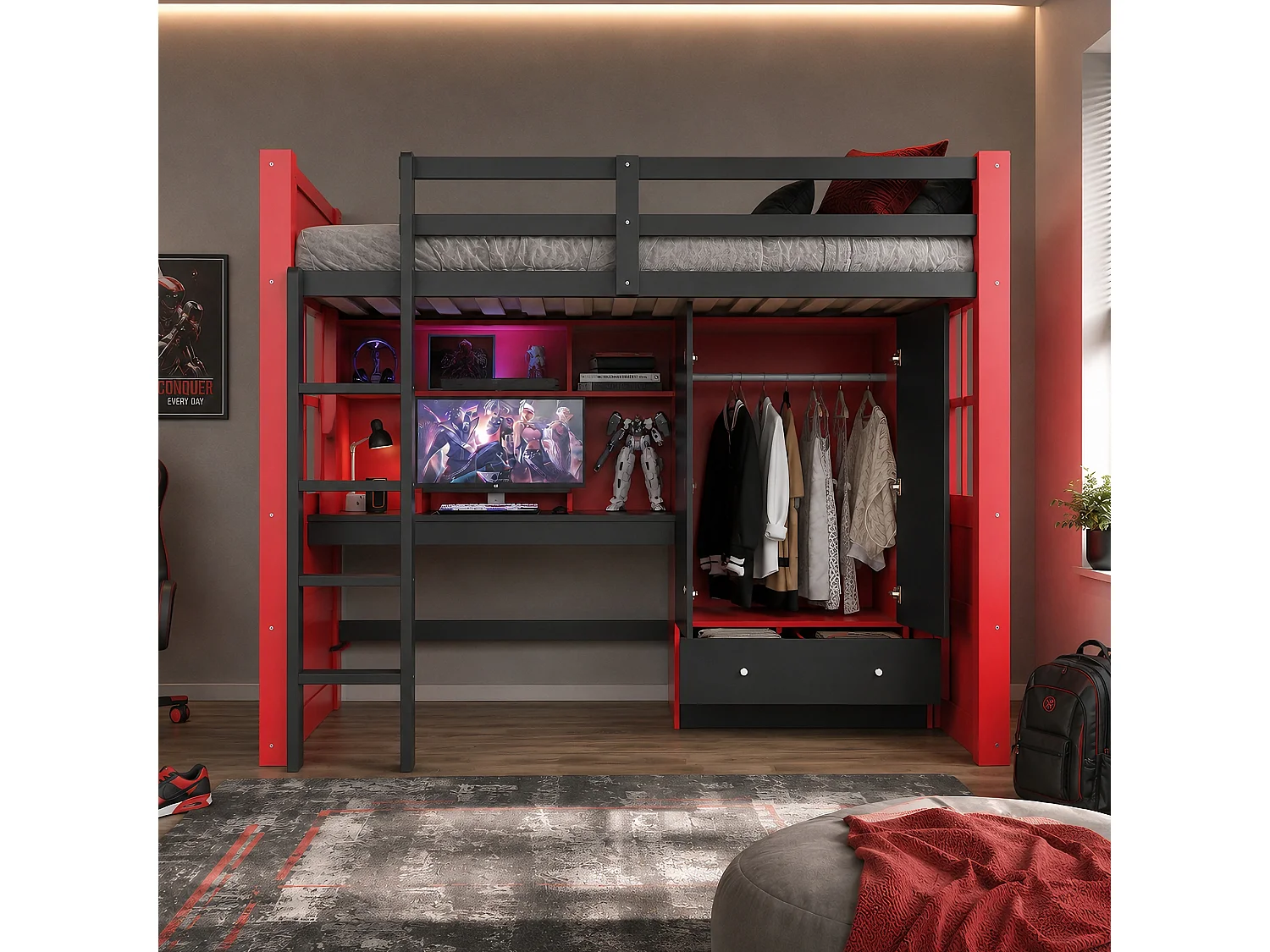 Lit mezzanine enfant - 90 x 200 cm - avec bureau + armoire + tiroirs + étagères - bois - rouge + noir