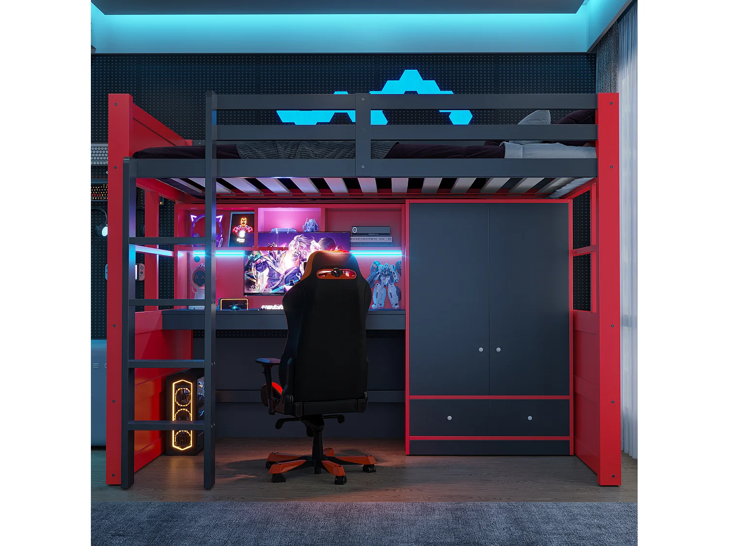 Lit mezzanine enfant - 90 x 200 cm - avec bureau + armoire + tiroirs + étagères - bois - rouge + noir