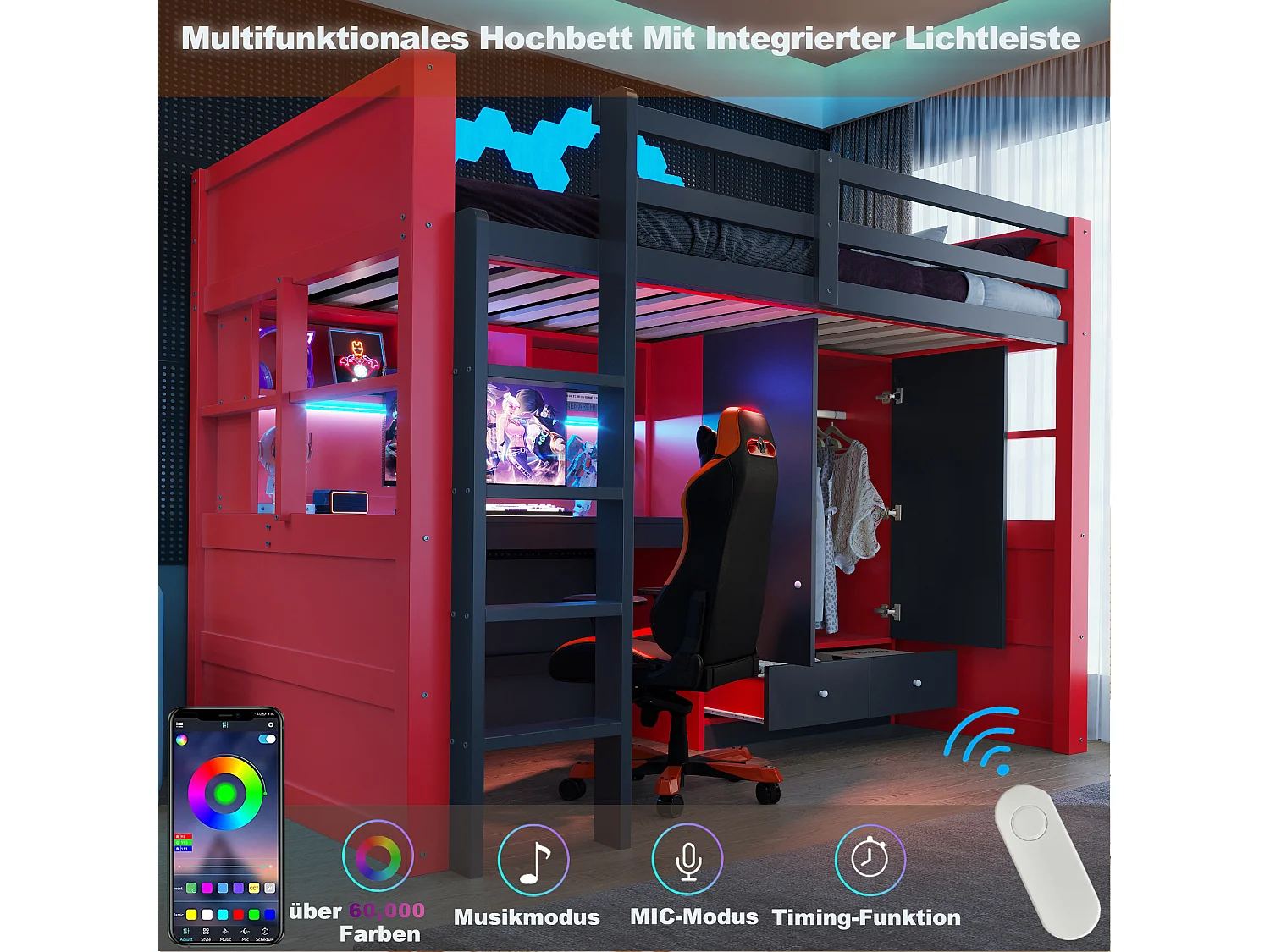 Lit mezzanine enfant - 90 x 200 cm - avec bureau + armoire + tiroirs + étagères - bois - rouge + noir