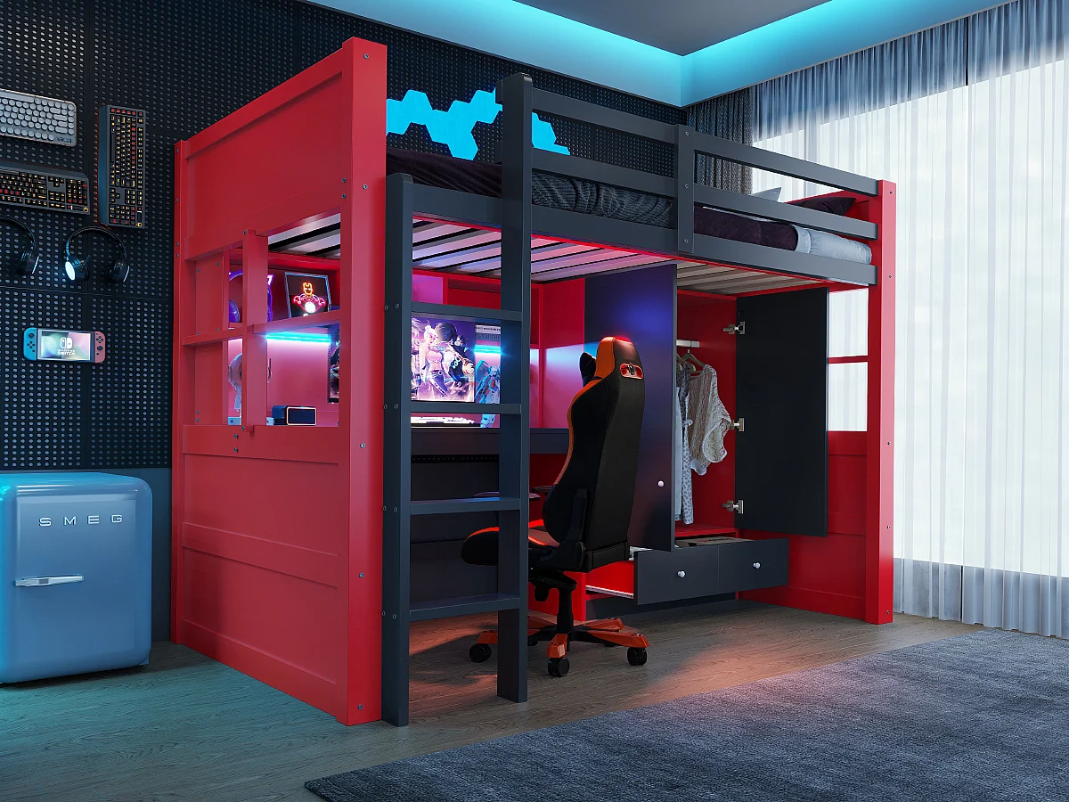 Lit mezzanine enfant - 90 x 200 cm - avec bureau + armoire + tiroirs + étagères - bois - rouge + noir