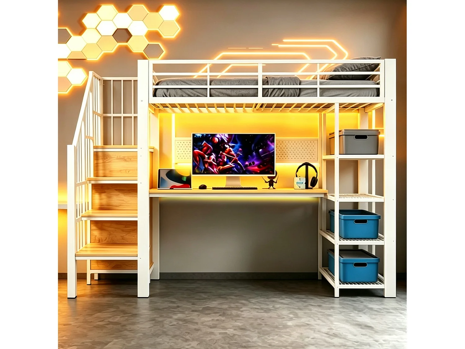 Lit mezzanine en fer - 90 x 200 cm - avec bureau + prises + Leds + étagères de rangement - métal + bois - blanc