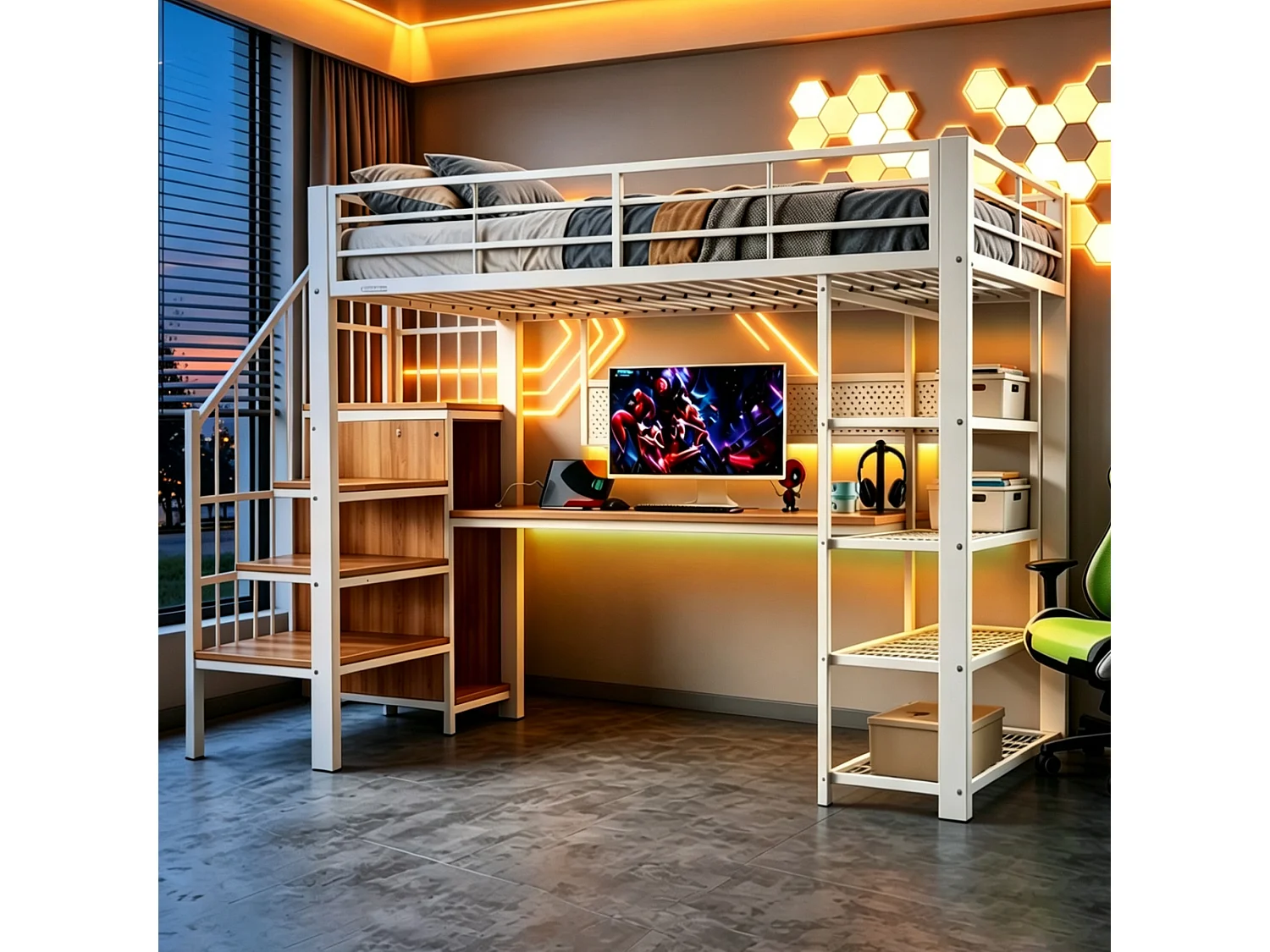 Lit mezzanine en fer - 90 x 200 cm - avec bureau + prises + Leds + étagères de rangement - métal + bois - blanc