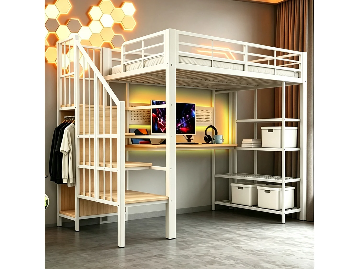 Lit mezzanine en fer - 90 x 200 cm - avec bureau + prises + Leds + étagères de rangement - métal + bois - blanc