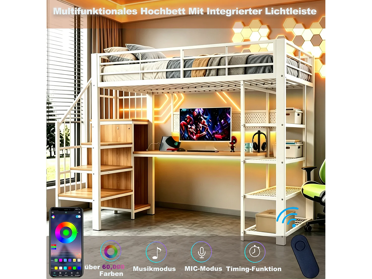 Lit mezzanine en fer - 90 x 200 cm - avec bureau + prises + Leds + étagères de rangement - métal + bois - blanc