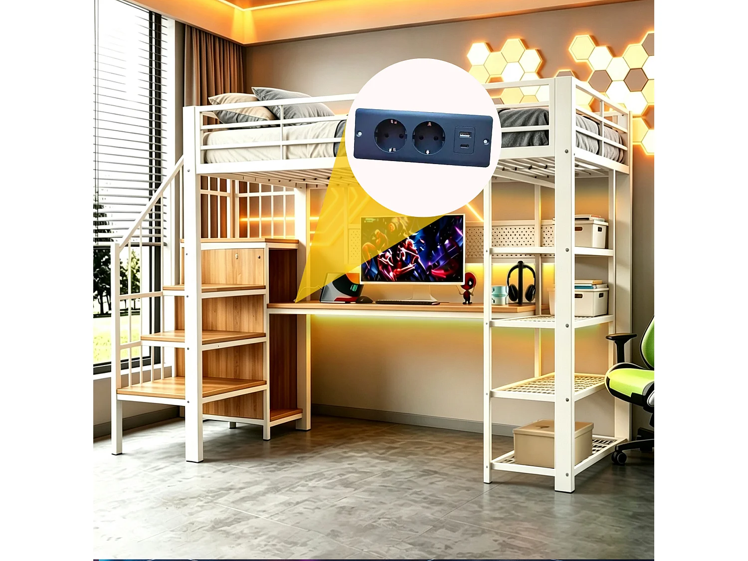 Lit mezzanine en fer - 90 x 200 cm - avec bureau + prises + Leds + étagères de rangement - métal + bois - blanc