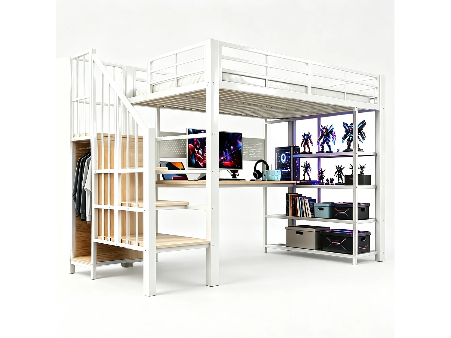 Lit mezzanine en fer - 90 x 200 cm - avec bureau + prises + Leds + étagères de rangement - métal + bois - blanc