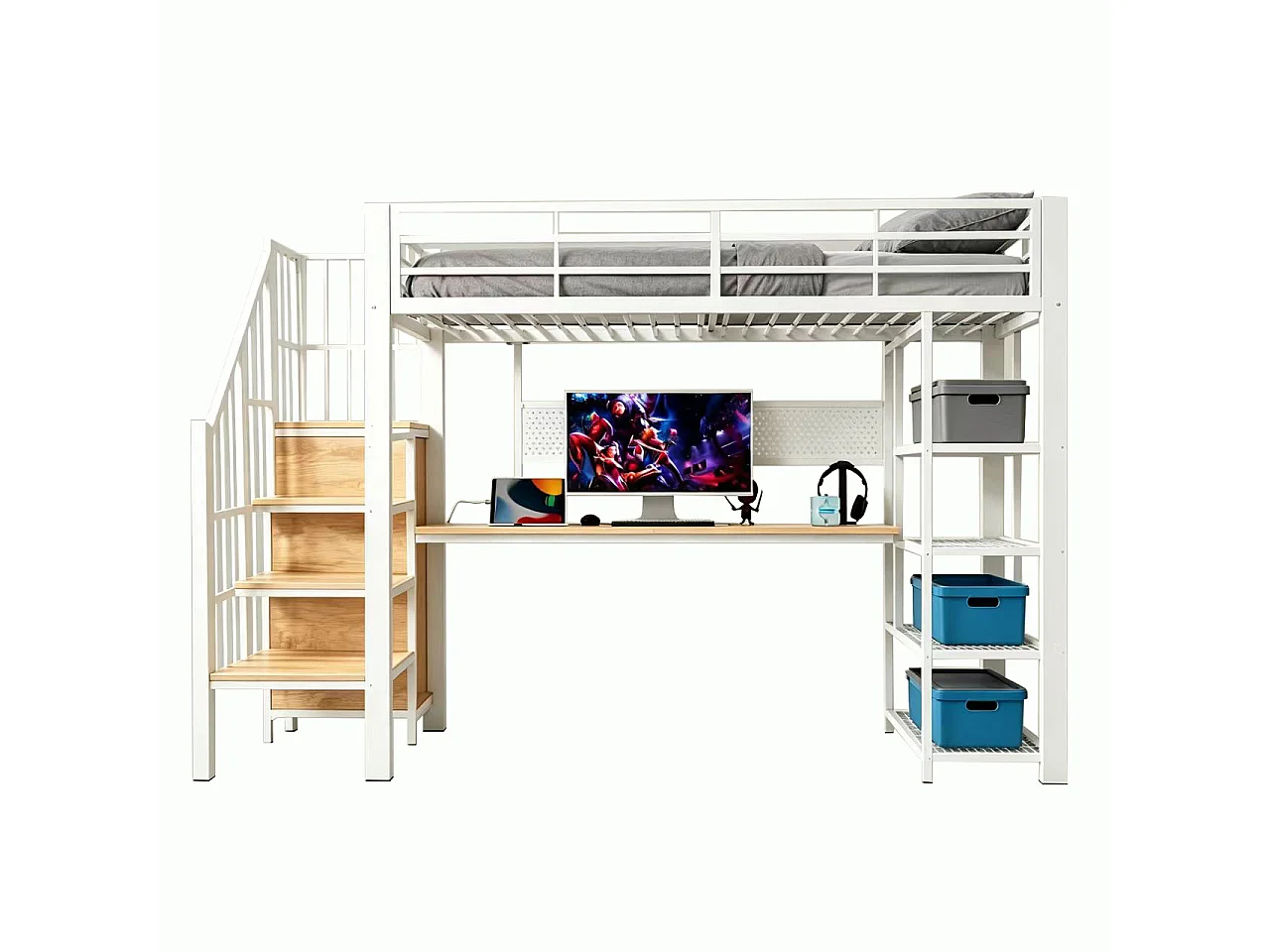 Lit mezzanine en fer - 90 x 200 cm - avec bureau + prises + Leds + étagères de rangement - métal + bois - blanc