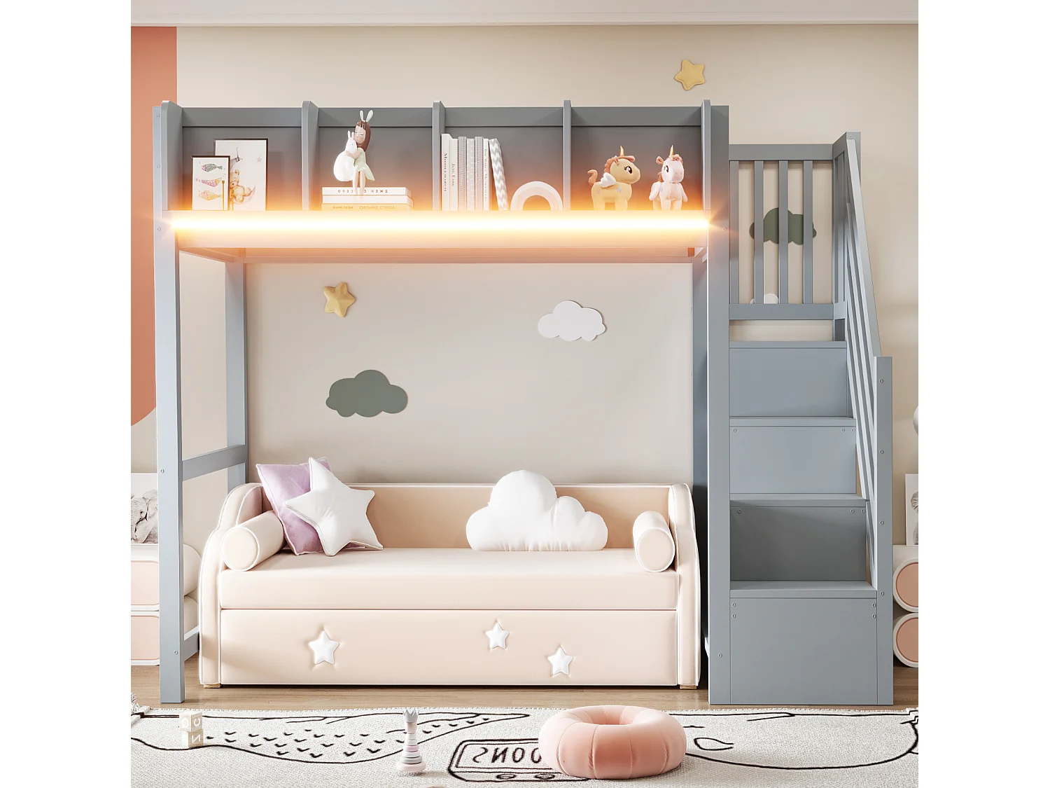 Lit mezzanine enfant - 90 x 200 cm - avec barrière et étagère + escalier de rangement + Leds - bois - gris