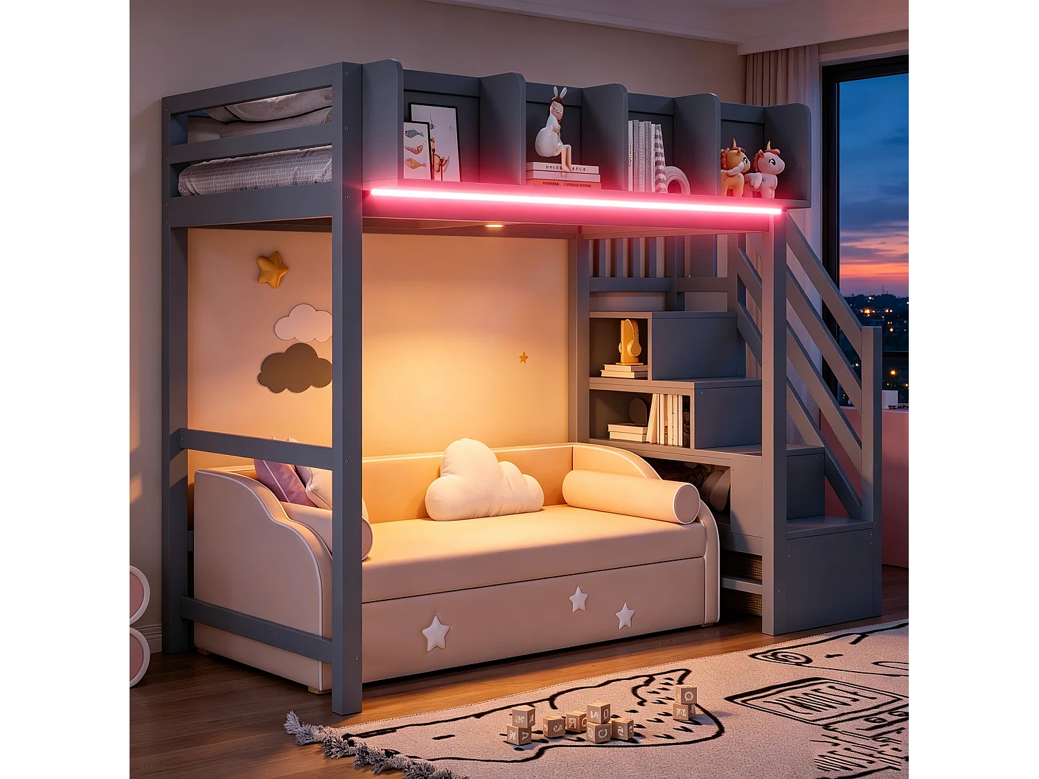 Lit mezzanine enfant - 90 x 200 cm - avec barrière et étagère + escalier de rangement + Leds - bois - gris