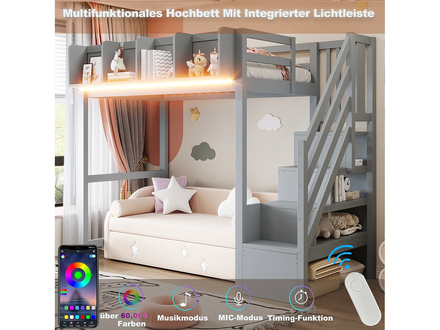 Lit mezzanine enfant - 90 x 200 cm - avec barrière et étagère + escalier de rangement + Leds - bois - gris