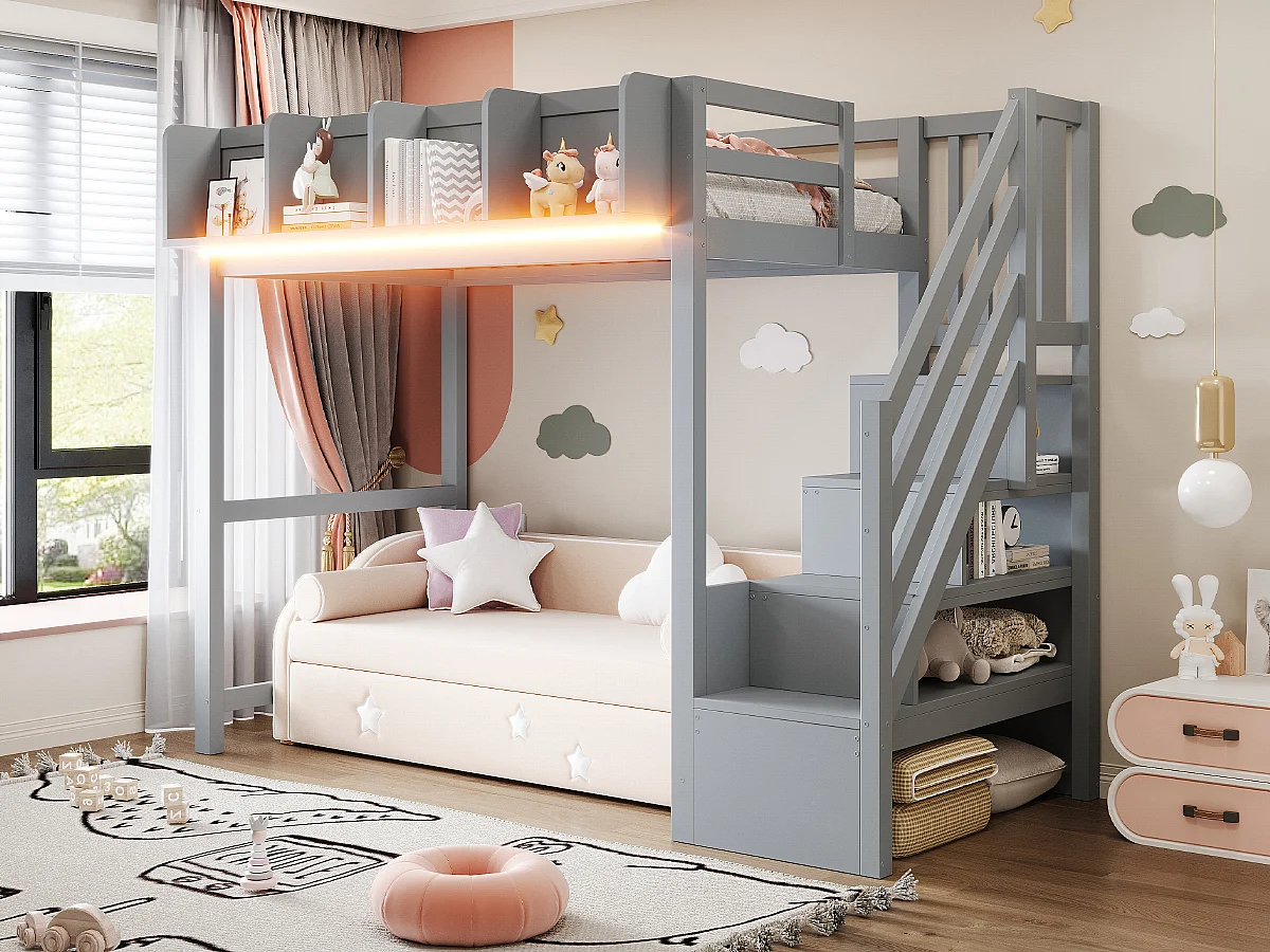 Lit mezzanine enfant - 90 x 200 cm - avec barrière et étagère + escalier de rangement + Leds - bois - gris