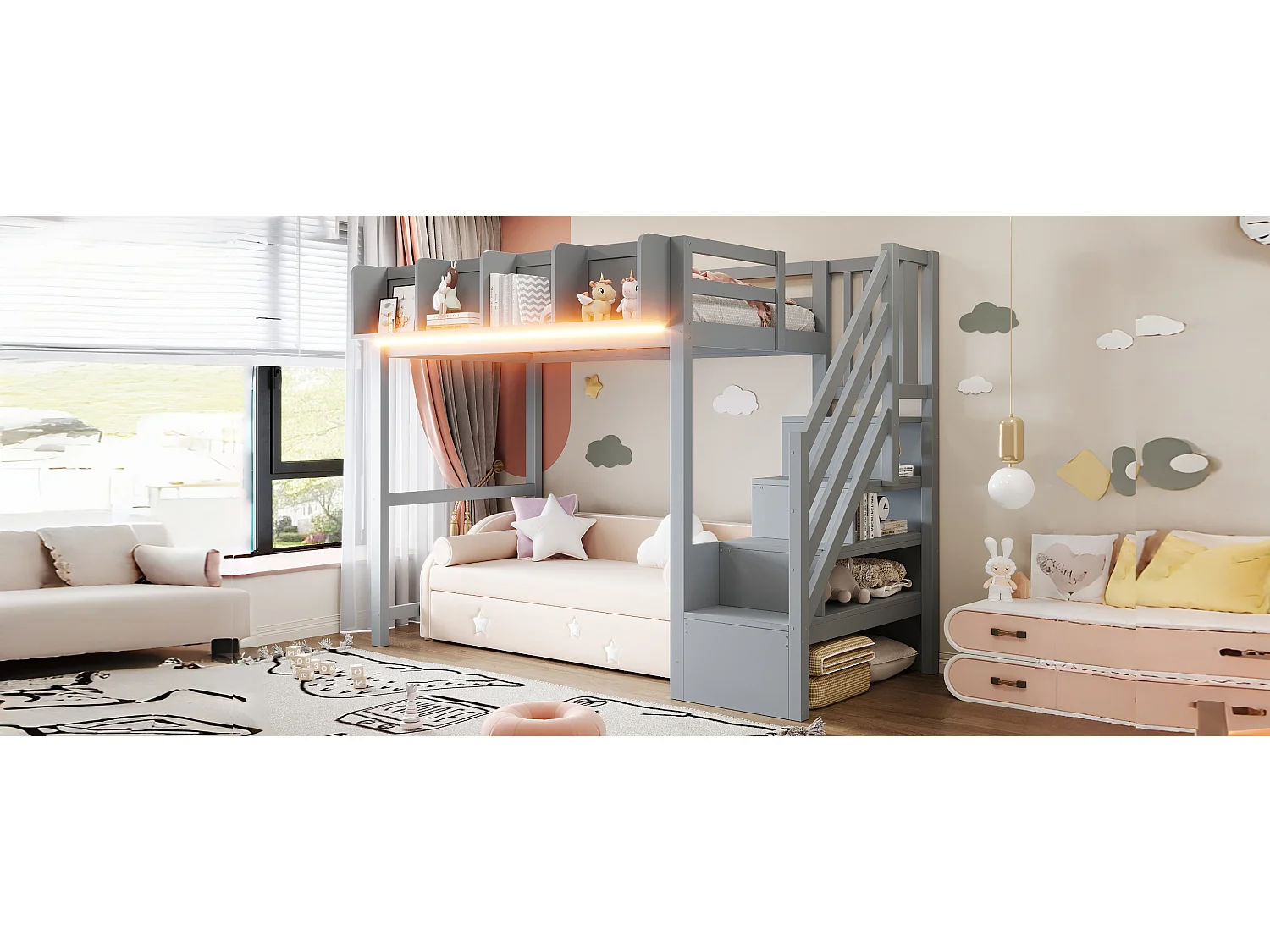Lit mezzanine enfant - 90 x 200 cm - avec barrière et étagère + escalier de rangement + Leds - bois - gris