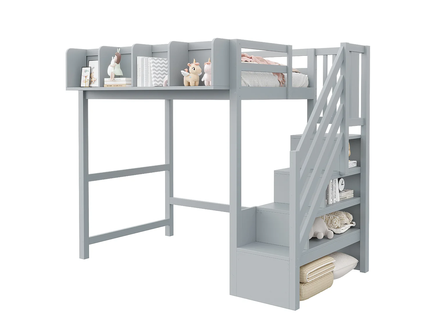 Lit mezzanine enfant - 90 x 200 cm - avec barrière et étagère + escalier de rangement + Leds - bois - gris