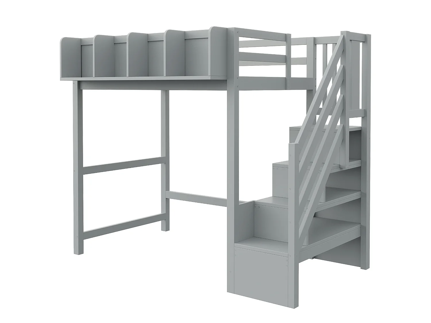 Lit mezzanine enfant - 90 x 200 cm - avec barrière et étagère + escalier de rangement + Leds - bois - gris