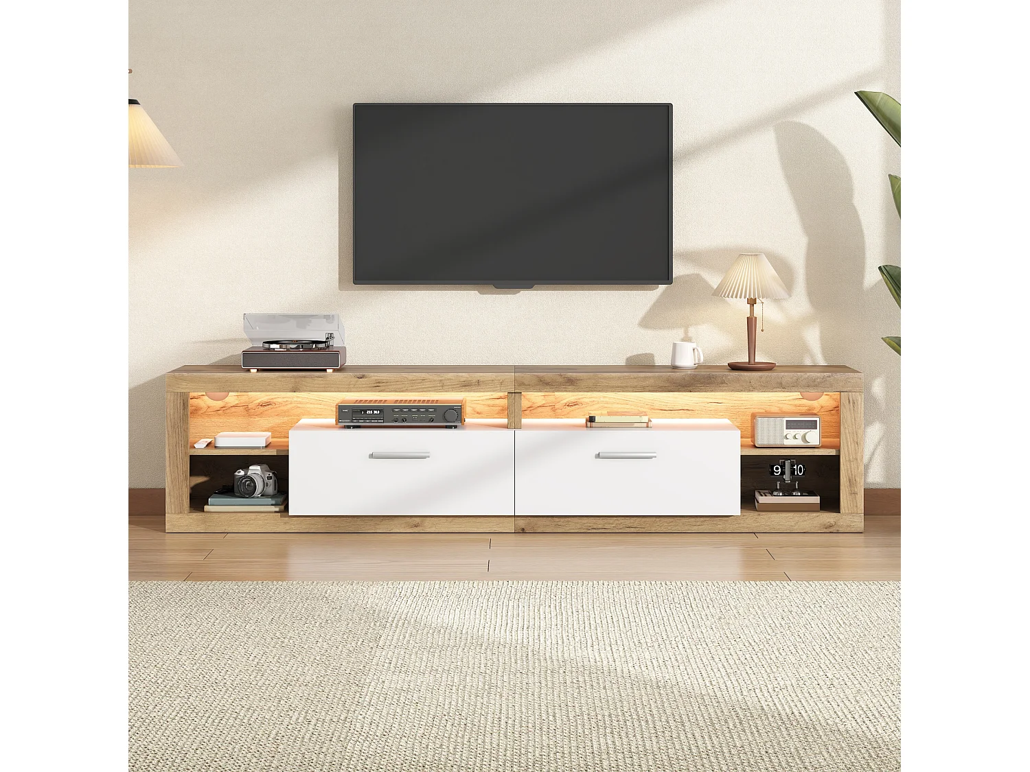Meuble TV pour salon - 180 x 35.5 x 50 cm - avec Leds + 2 tiroirs + 4 étagères ouverts - aggloméré - naturel + blanc