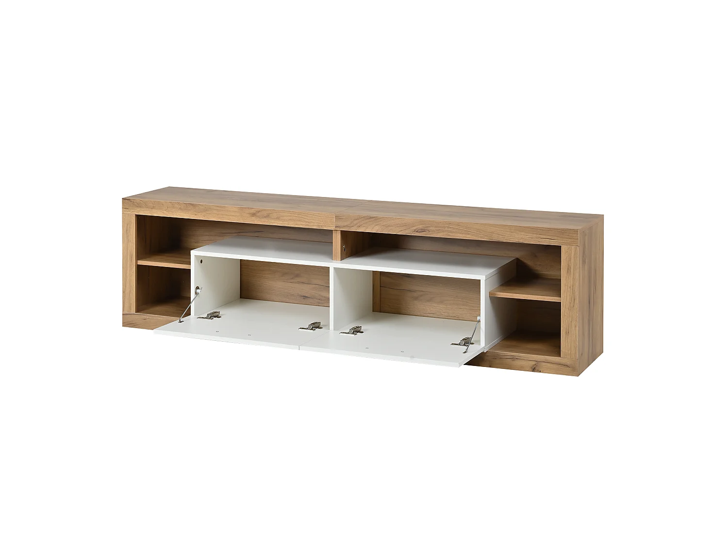 Meuble TV pour salon - 180 x 35.5 x 50 cm - avec Leds + 2 tiroirs + 4 étagères ouverts - aggloméré - naturel + blanc