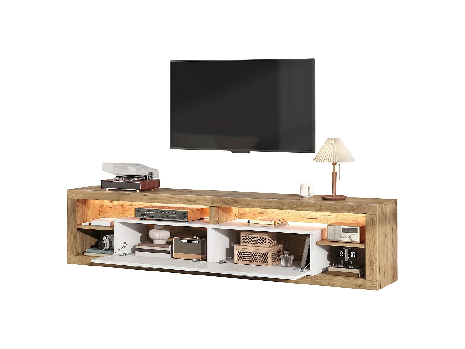 Meuble TV pour salon - 180 x 35.5 x 50 cm - avec Leds + 2 tiroirs + 4 étagères ouverts - aggloméré - naturel + blanc