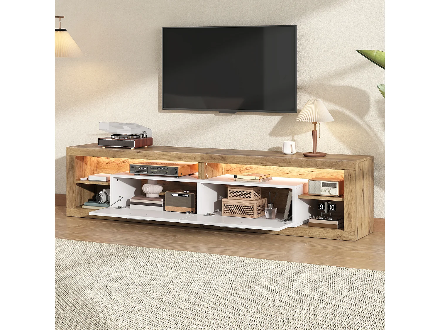 Meuble TV pour salon - 180 x 35.5 x 50 cm - avec Leds + 2 tiroirs + 4 étagères ouverts - aggloméré - naturel + blanc