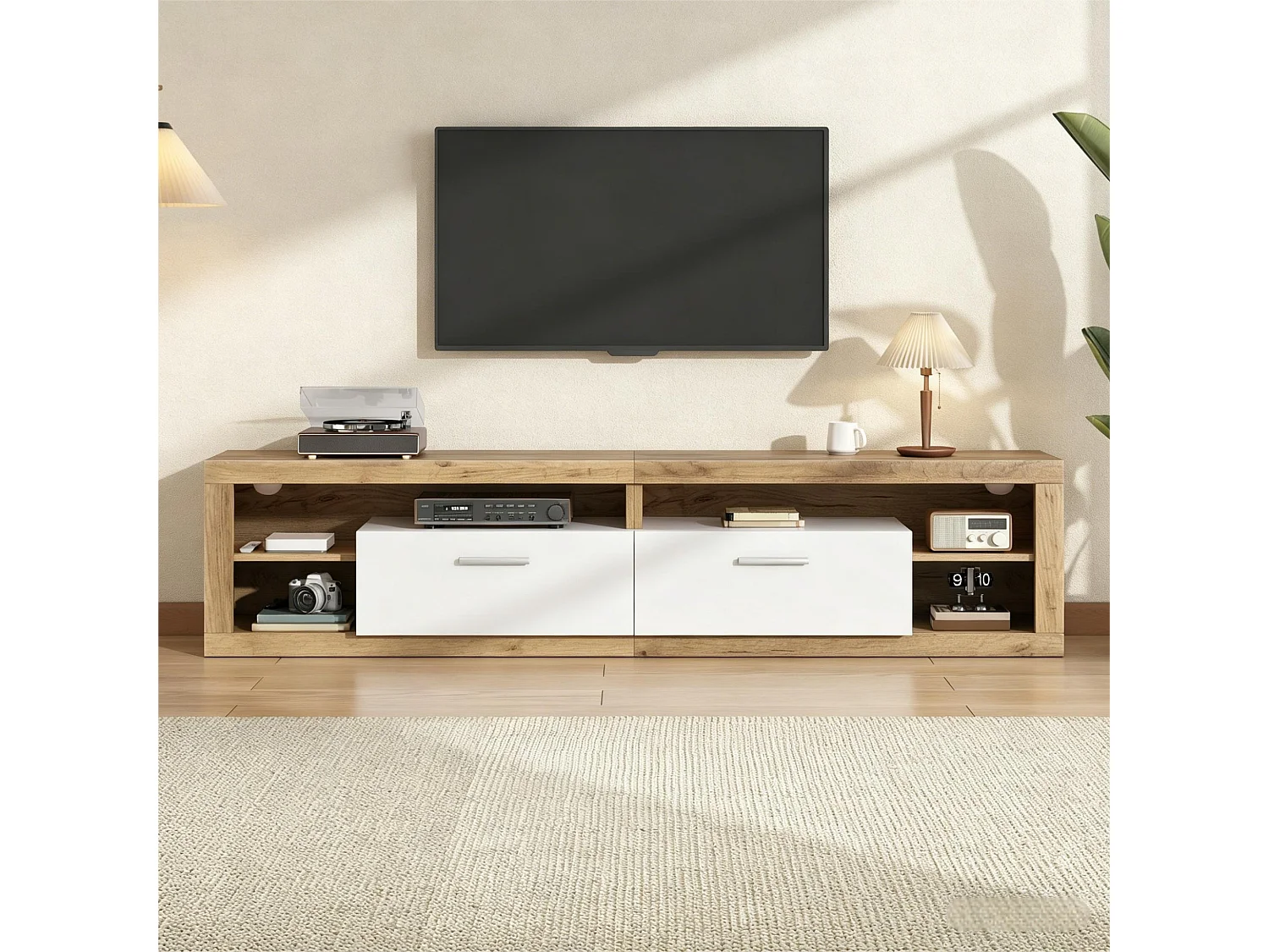 Meuble TV pour salon - 180 x 35.5 x 50 cm - avec Leds + 2 tiroirs + 4 étagères ouverts - aggloméré - naturel + blanc