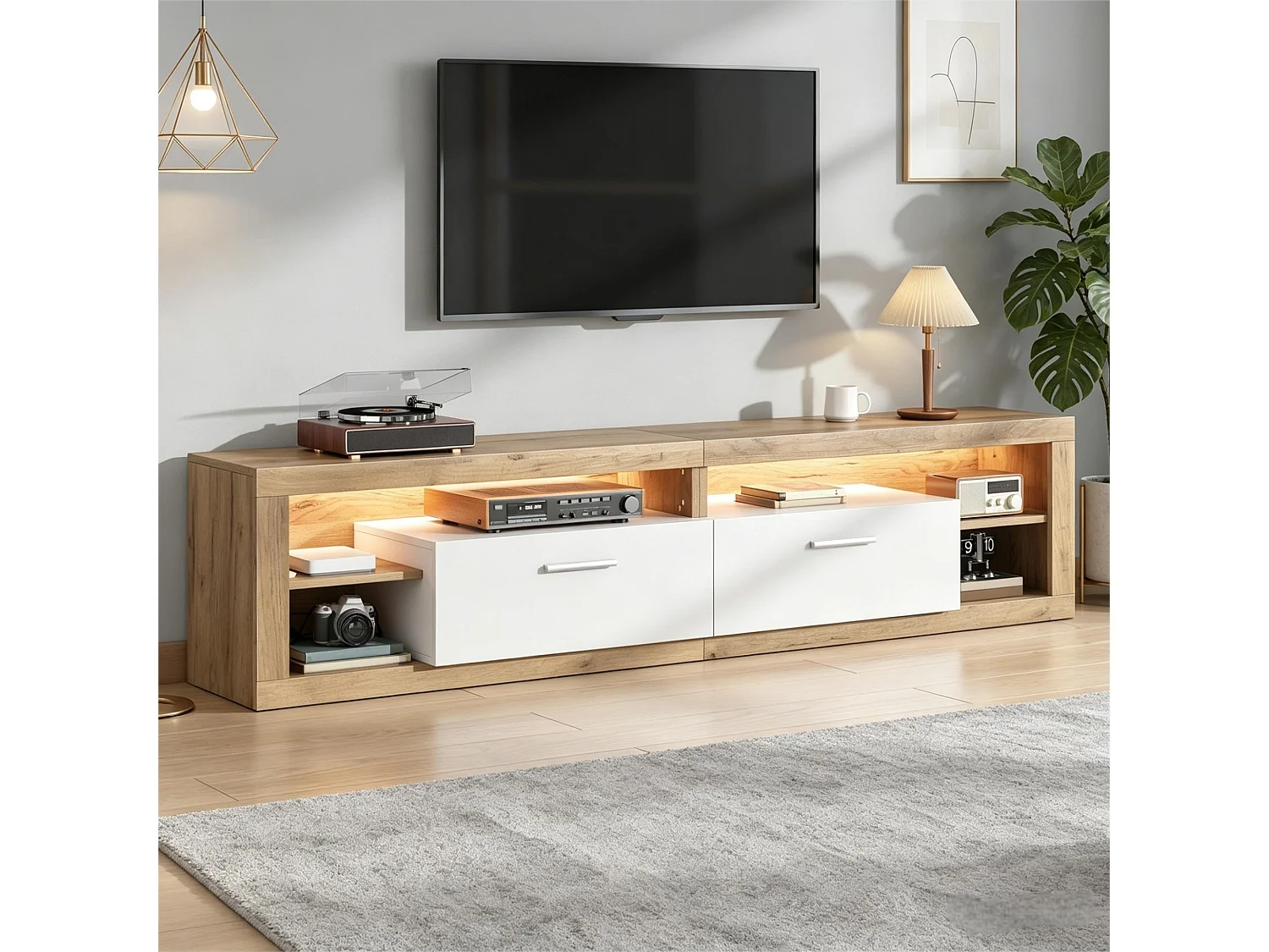 Meuble TV pour salon - 180 x 35.5 x 50 cm - avec Leds + 2 tiroirs + 4 étagères ouverts - aggloméré - naturel + blanc