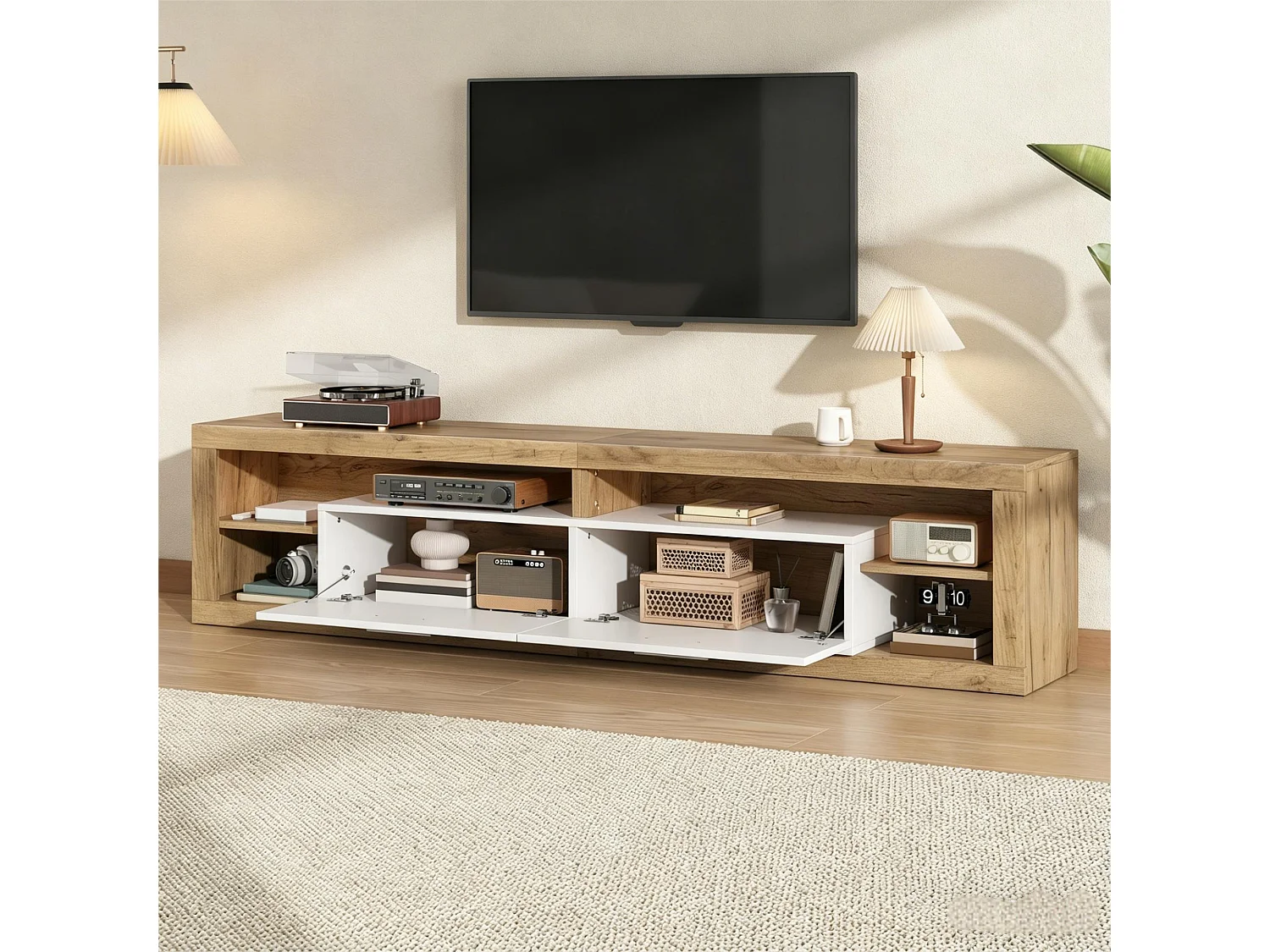 Meuble TV pour salon - 180 x 35.5 x 50 cm - avec Leds + 2 tiroirs + 4 étagères ouverts - aggloméré - naturel + blanc