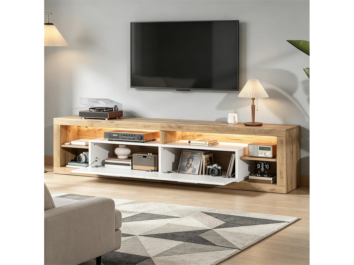 Meuble TV pour salon - 180 x 35.5 x 50 cm - avec Leds + 2 tiroirs + 4 étagères ouverts - aggloméré - naturel + blanc