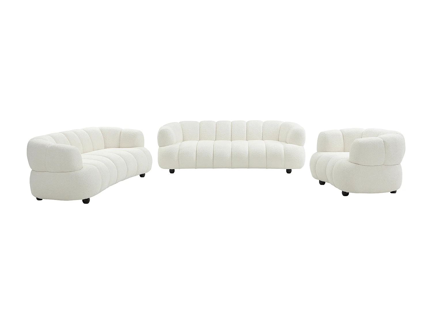 Canapé 3 places, 2 places et un fauteuil en tissu bouclette blanc COLIANI