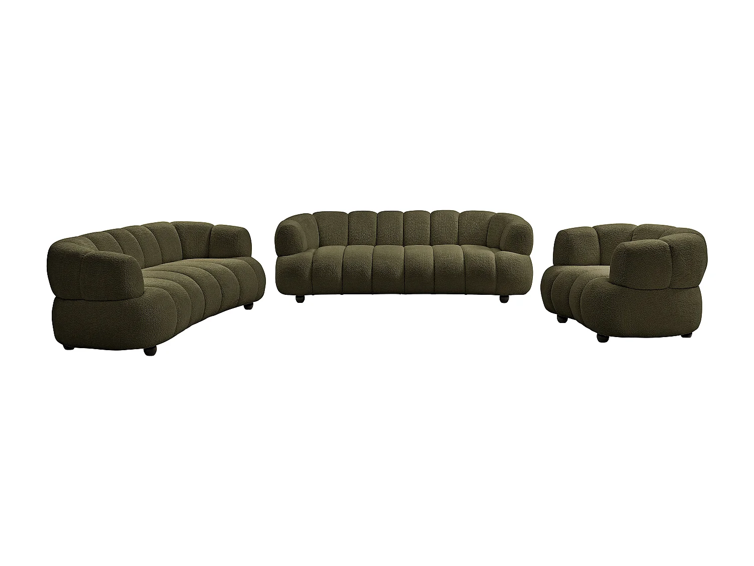Canapé 3 places, 2 places et un fauteuil en tissu bouclette vert COLIANI
