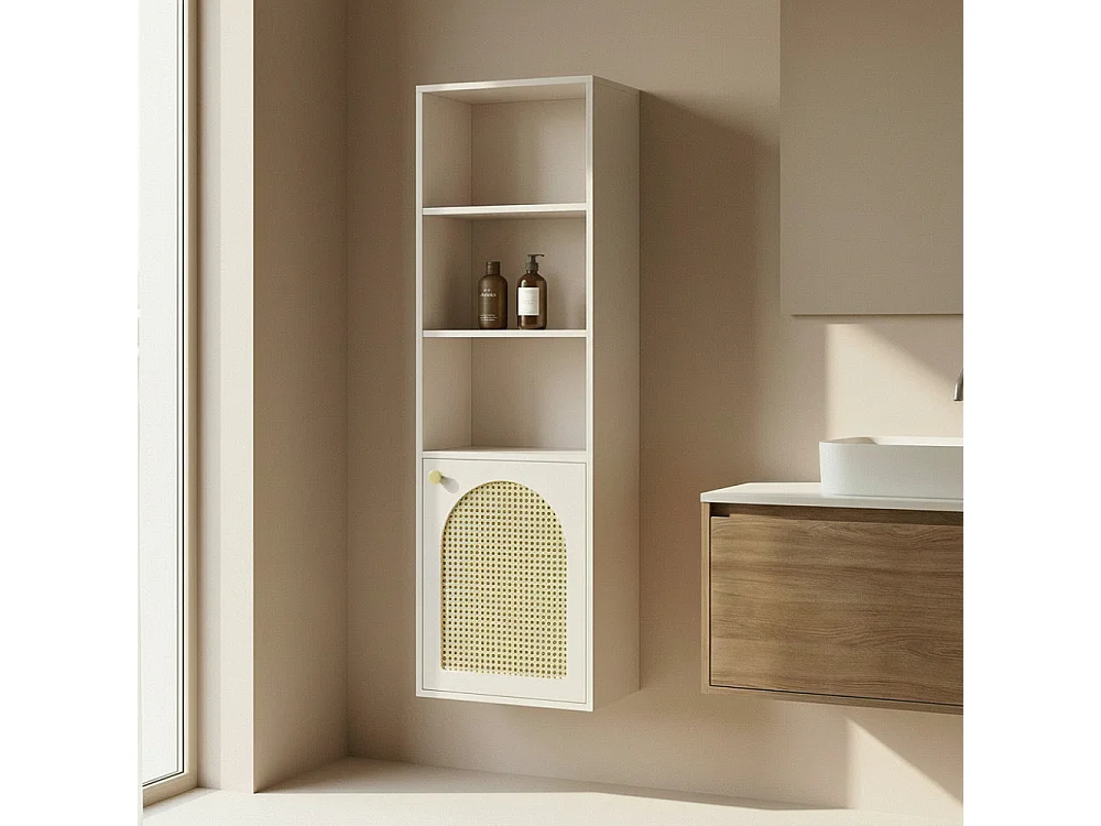 Ali - Colonne de rangement suspendue en bois et cannage H135cm - Beige