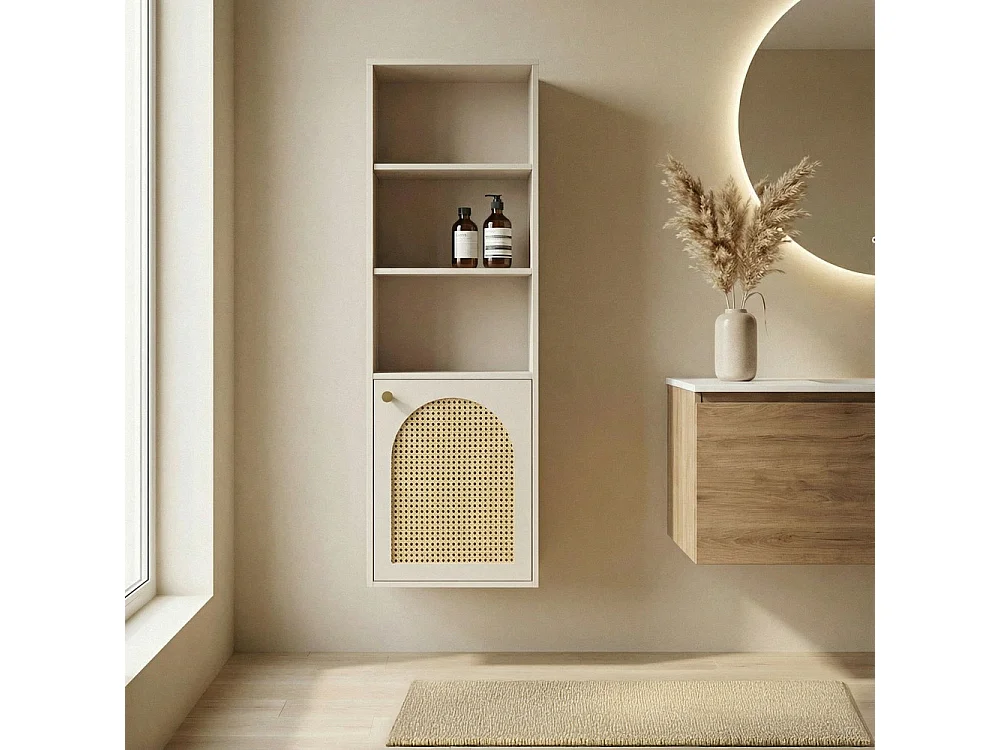 Ali - Colonne de rangement suspendue en bois et cannage H135cm - Beige