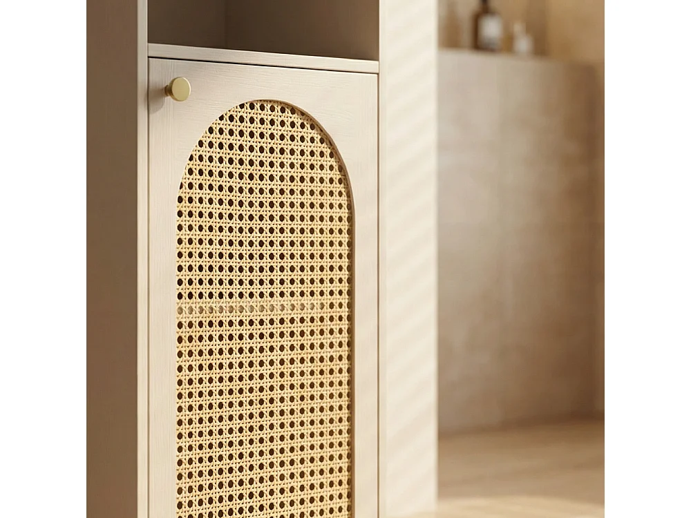 Ali - Colonne de rangement suspendue en bois et cannage H135cm - Beige