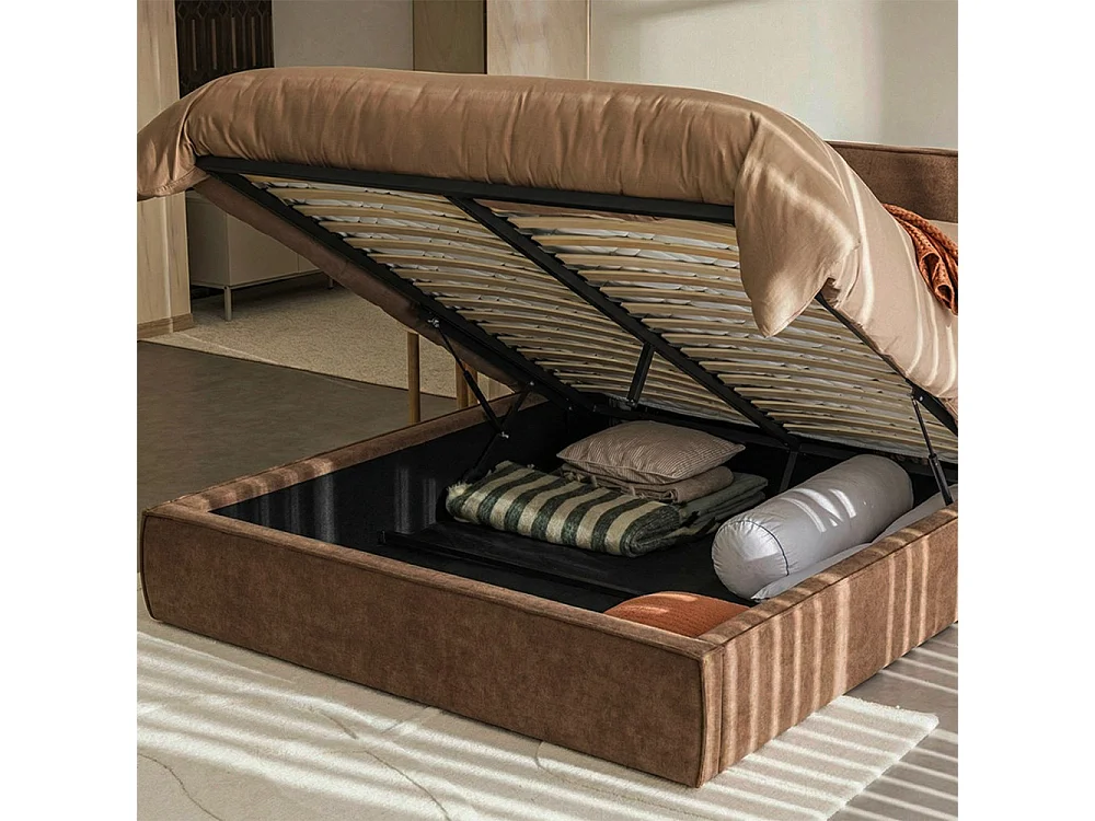 Liberia - Lit coffre en tissu chenille 160x200cm - Marron