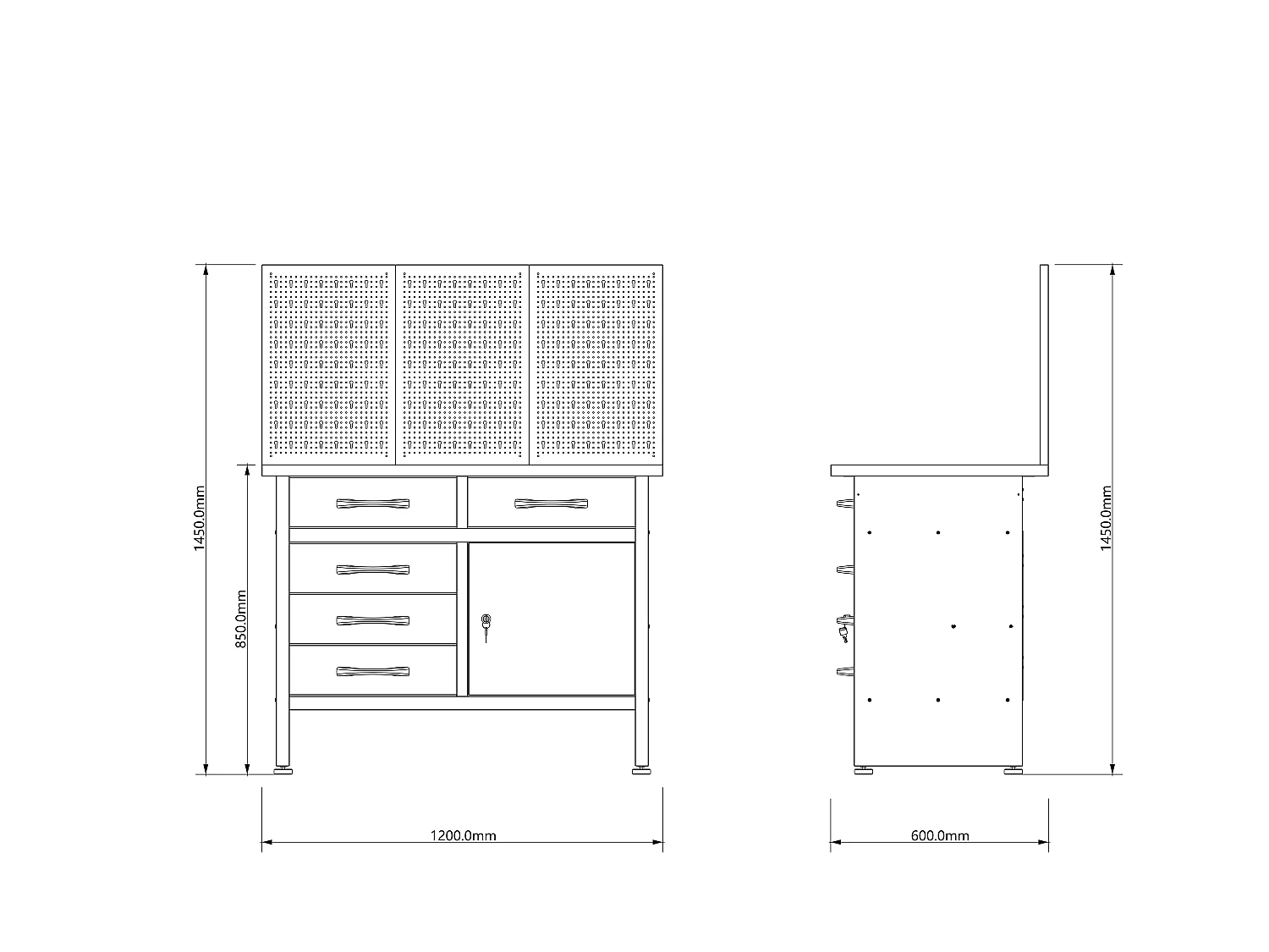 Établi avec plateau en bois et panneau perforé en acier - L120 x P60 x H145 cm - Gris - BRICANO