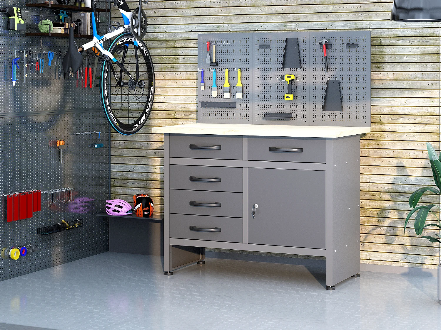 Établi avec plateau en bois et panneau perforé en acier - L120 x P60 x H145 cm - Gris - BRICANO