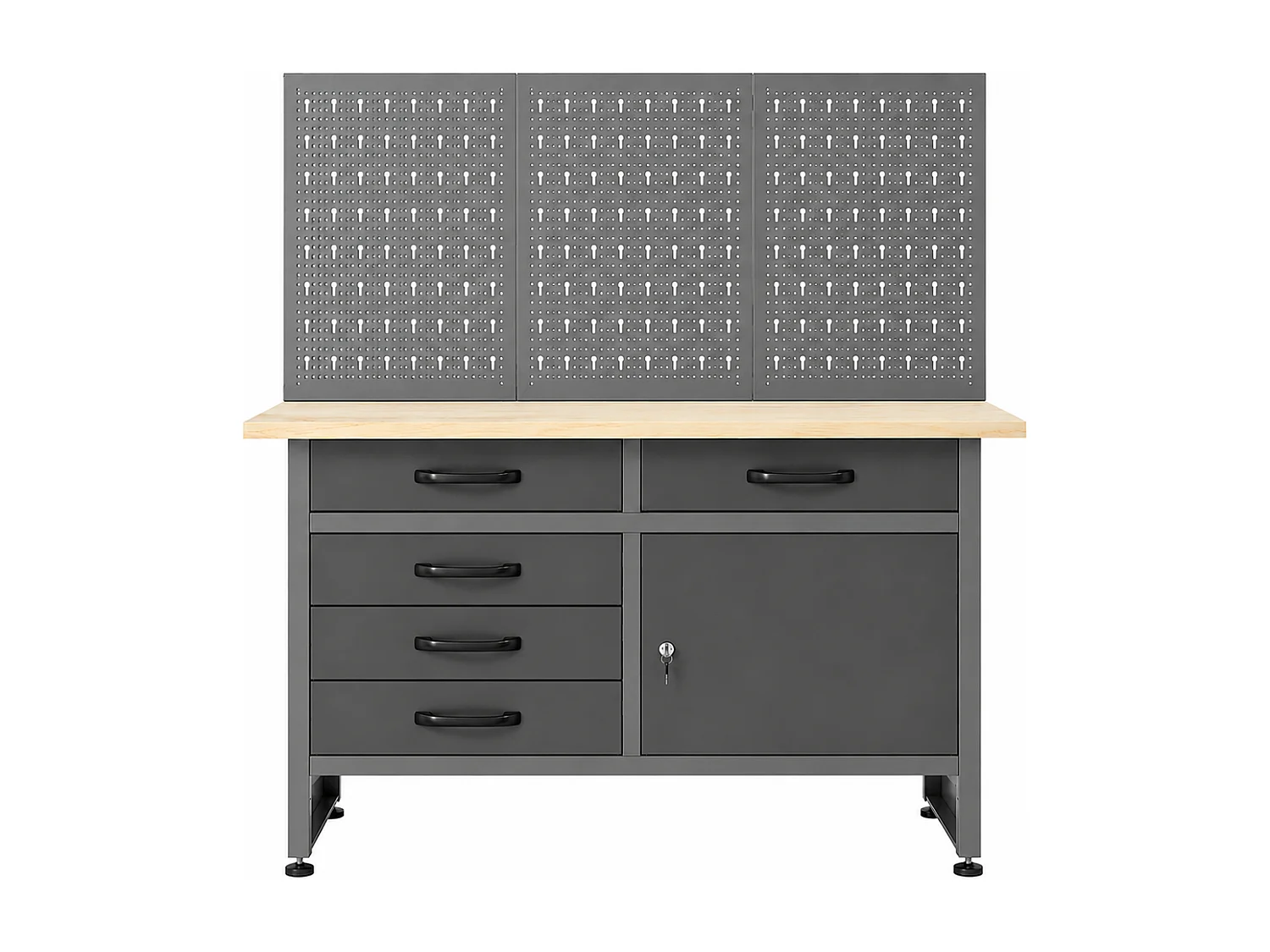 Établi avec plateau en bois et panneau perforé en acier - L120 x P60 x H145 cm - Gris - BRICANO