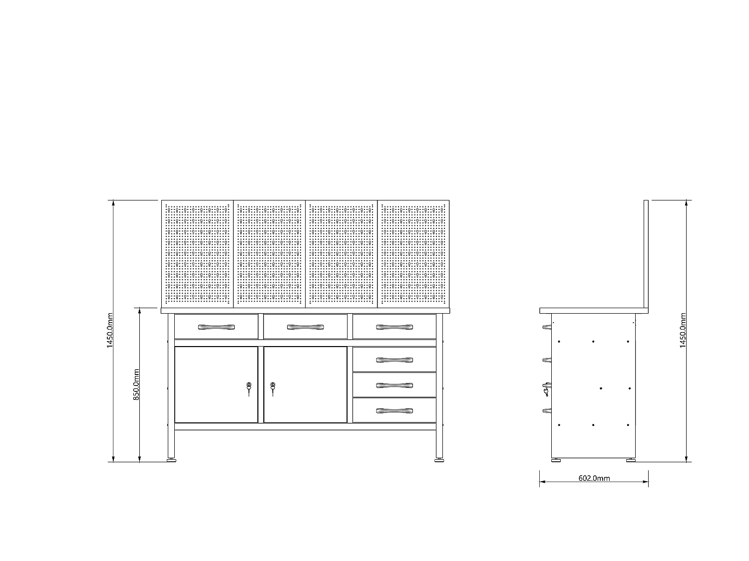 Établi avec plateau en bois et panneau perforé en acier - L160 x P60 x H145 cm - Gris - BRICANO
