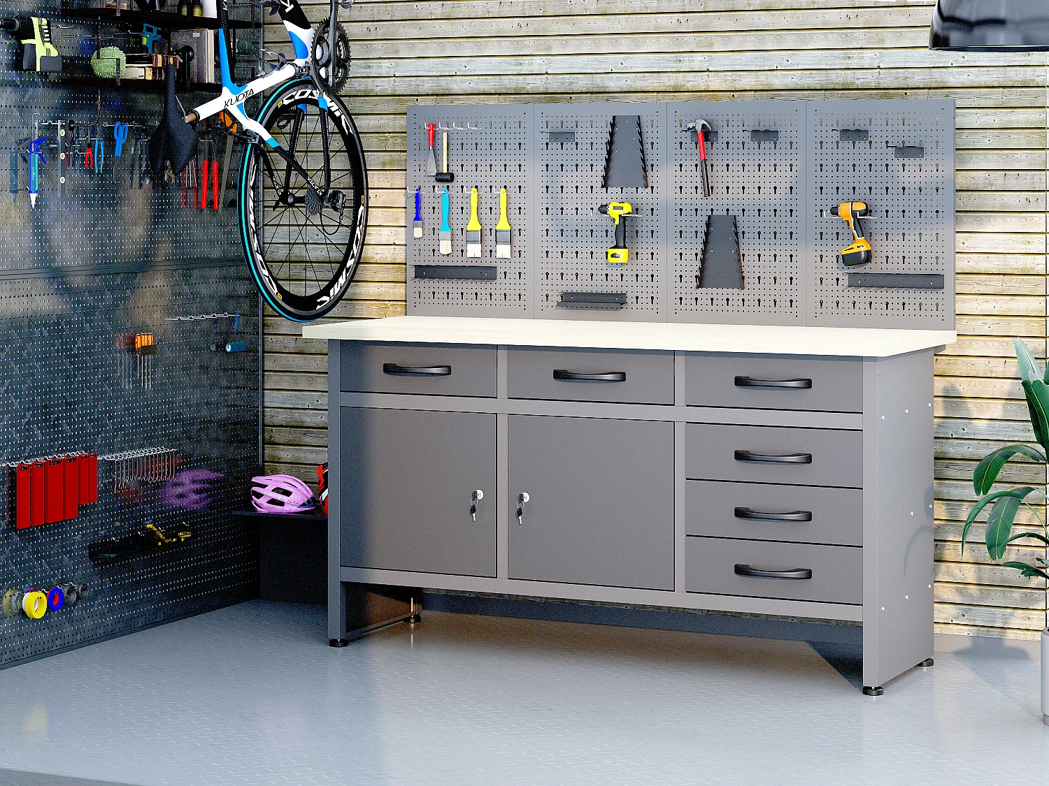 Établi avec plateau en bois et panneau perforé en acier - L160 x P60 x H145 cm - Gris - BRICANO