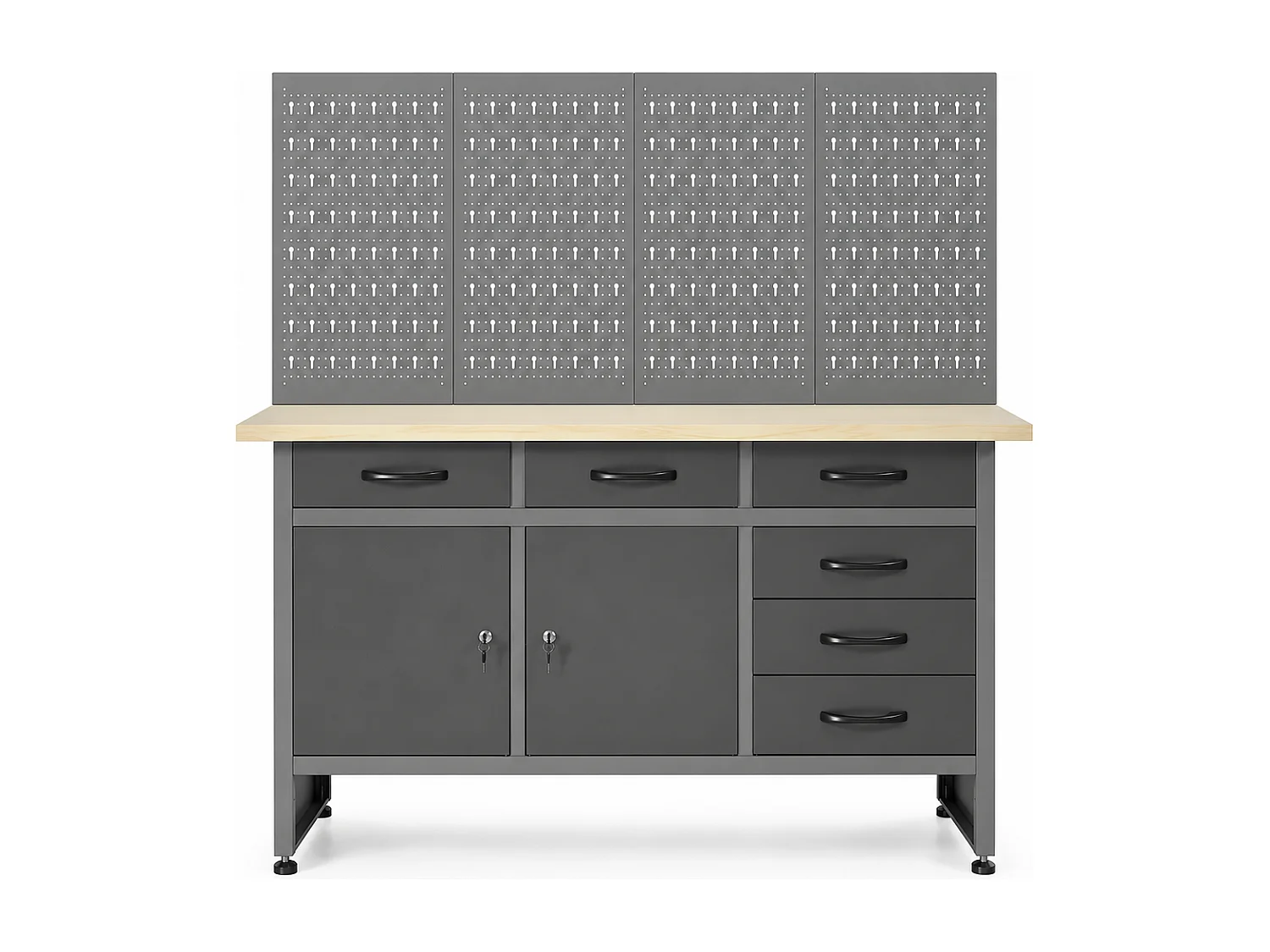 Établi avec plateau en bois et panneau perforé en acier - L160 x P60 x H145 cm - Gris - BRICANO