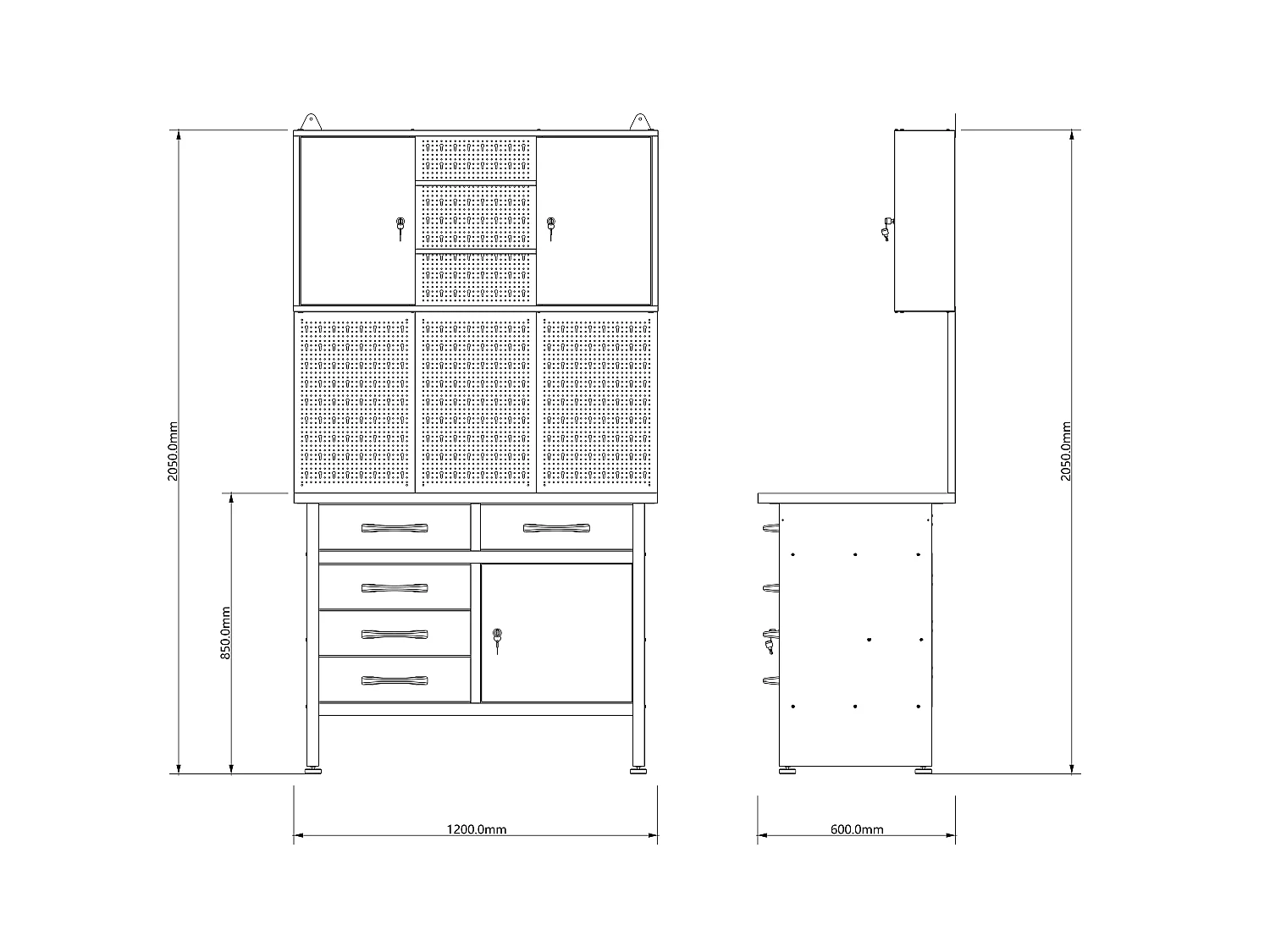 Établi avec plateau en bois, panneau perforé et armoire murale en acier - L120 x P60 x H205 cm - Gris - BRICANO