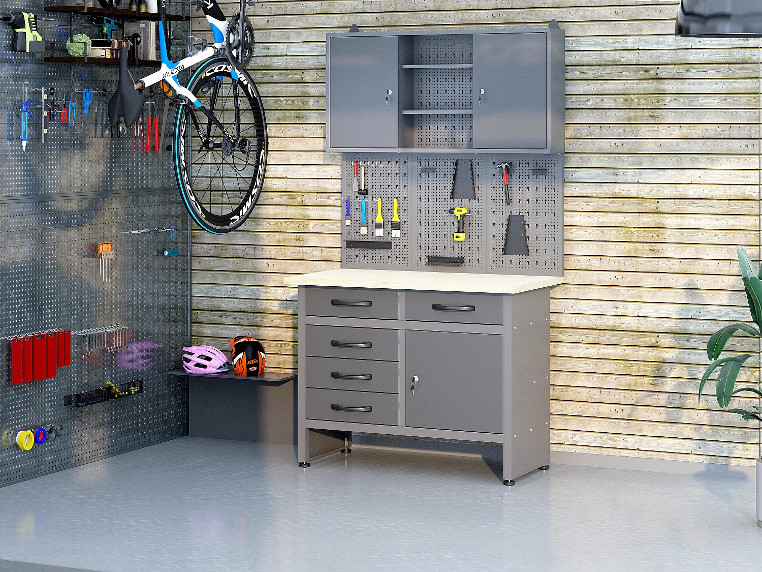 Établi avec plateau en bois, panneau perforé et armoire murale en acier - L120 x P60 x H205 cm - Gris - BRICANO