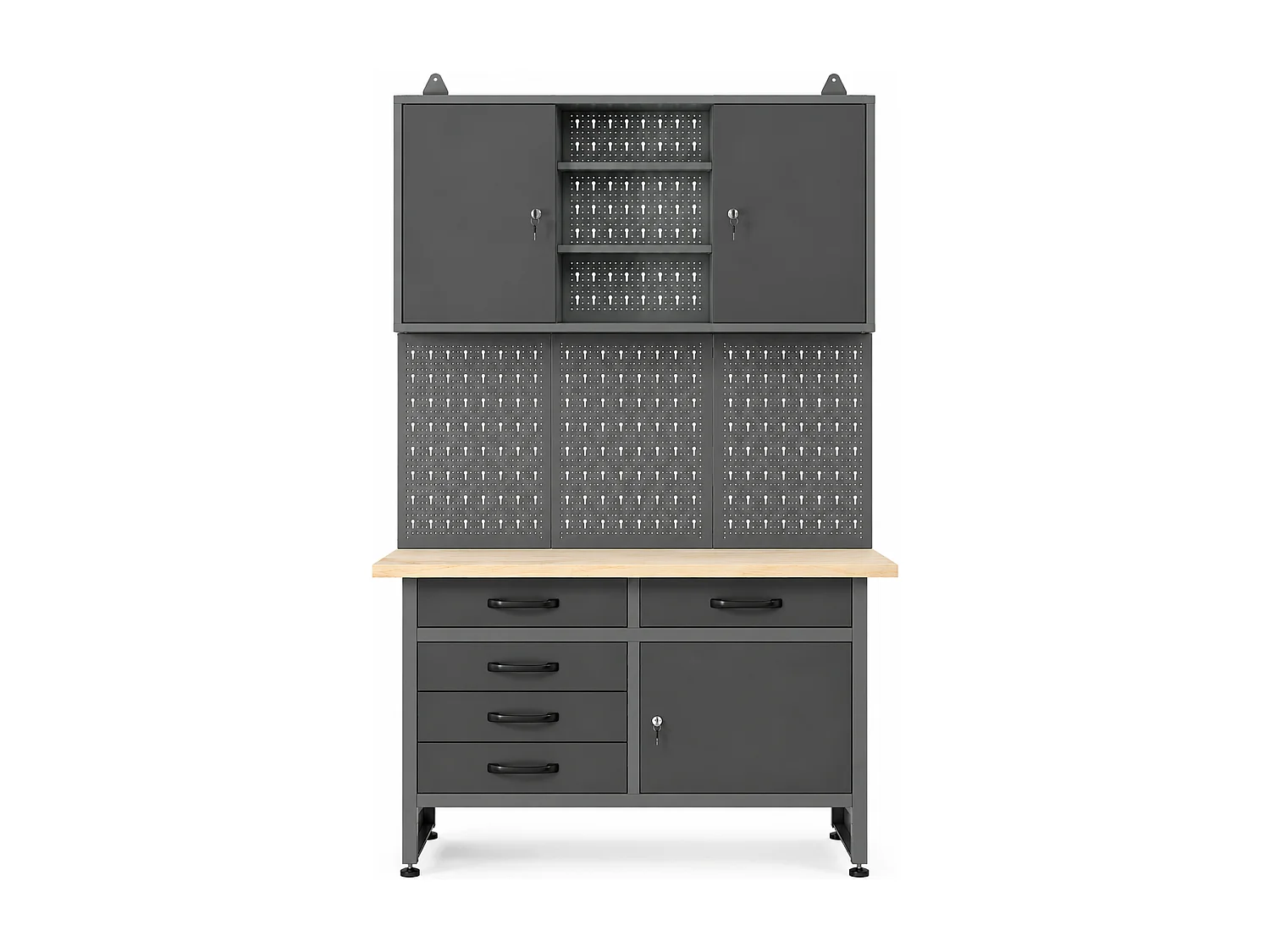 Établi avec plateau en bois, panneau perforé et armoire murale en acier - L120 x P60 x H205 cm - Gris - BRICANO