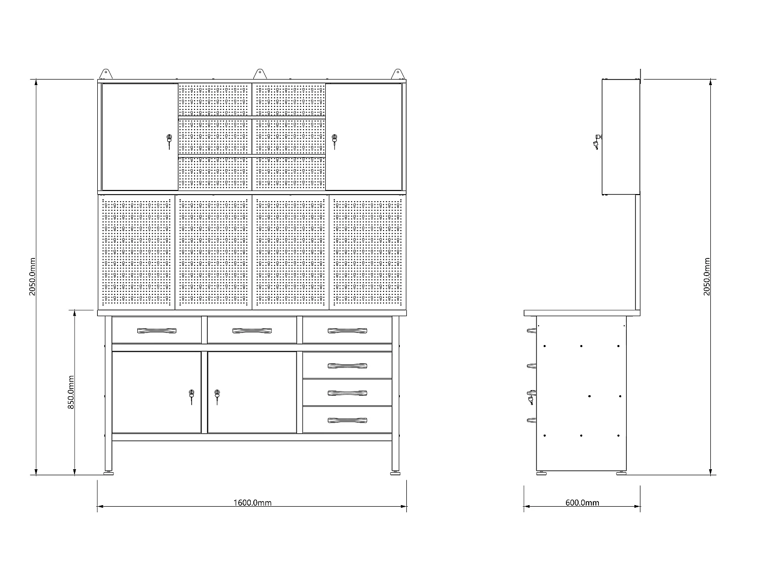 Établi avec plateau en bois, panneau perforé et armoire murale en acier - L160 x P60 x H205 cm - Gris - BRICANO