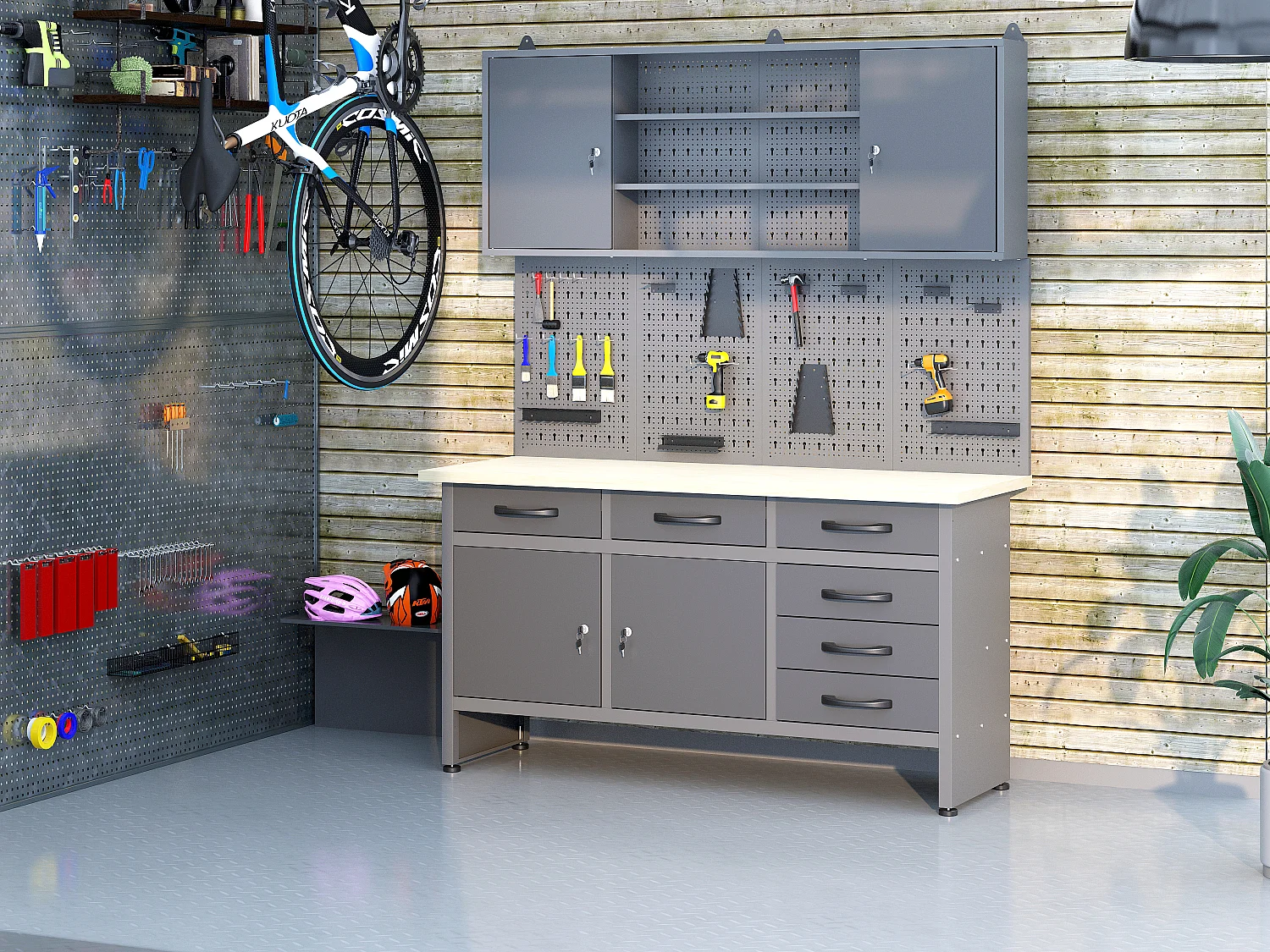 Établi avec plateau en bois, panneau perforé et armoire murale en acier - L160 x P60 x H205 cm - Gris - BRICANO