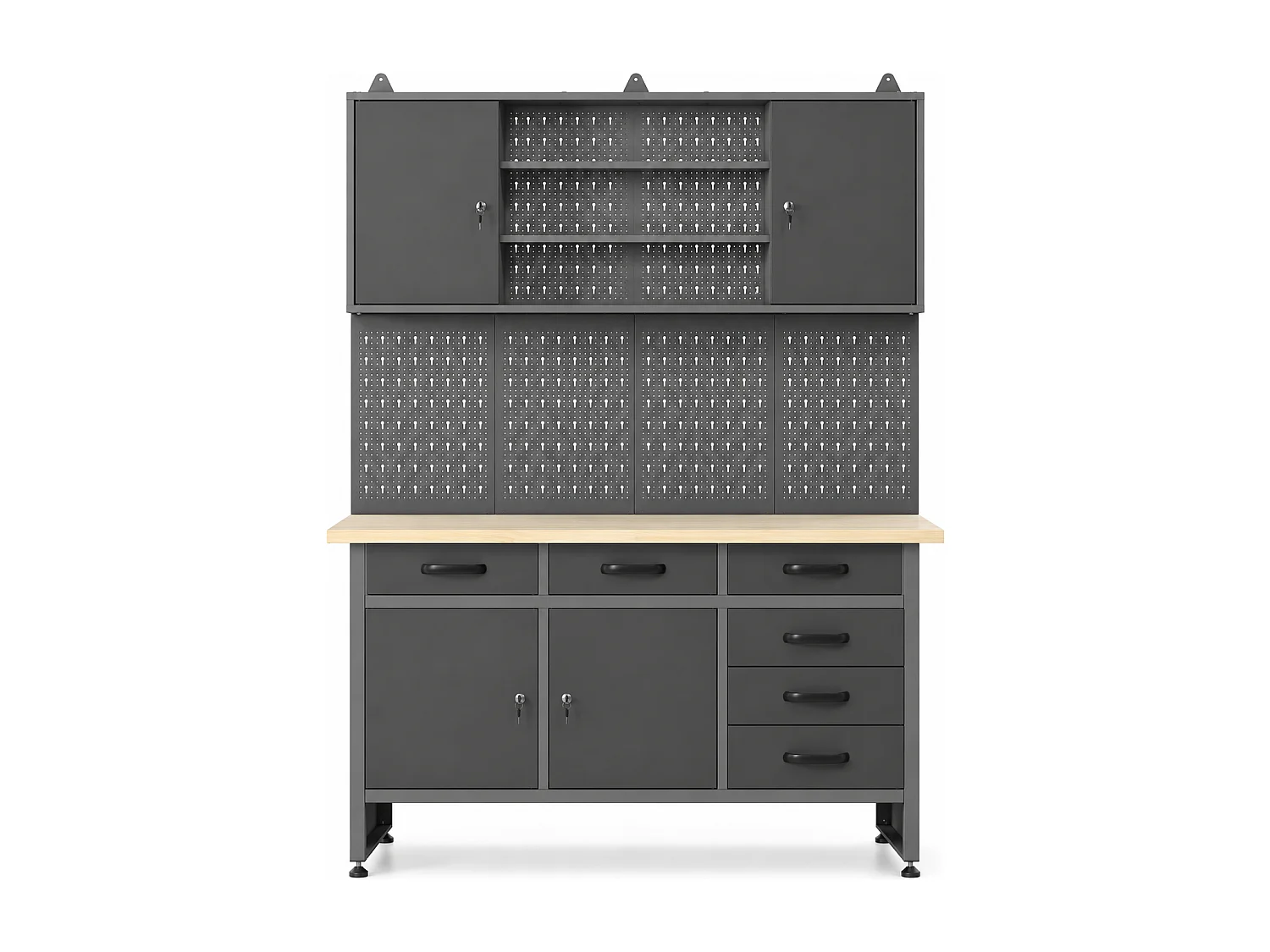 Établi avec plateau en bois, panneau perforé et armoire murale en acier - L160 x P60 x H205 cm - Gris - BRICANO